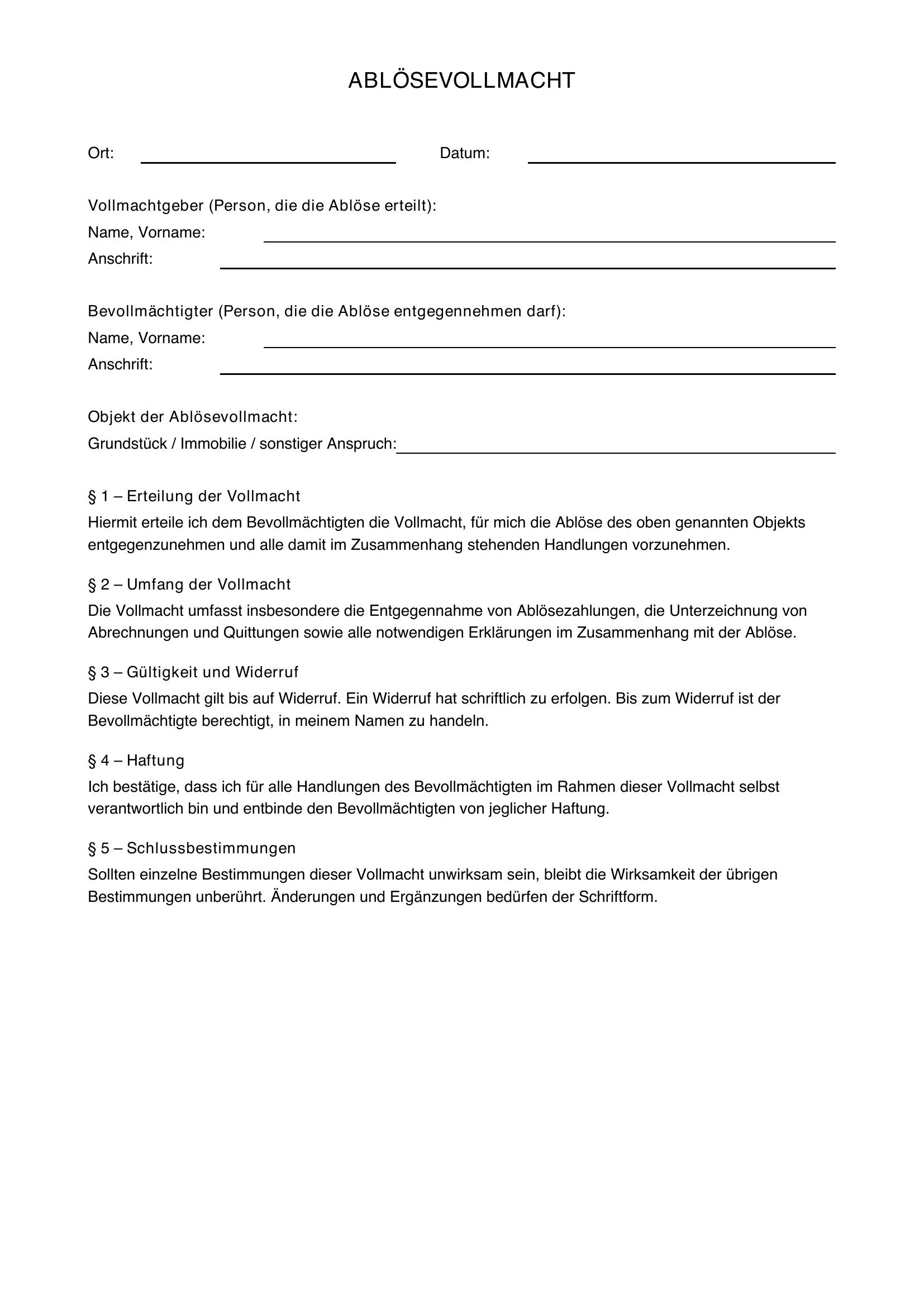 Ablösevollmacht Vorlage