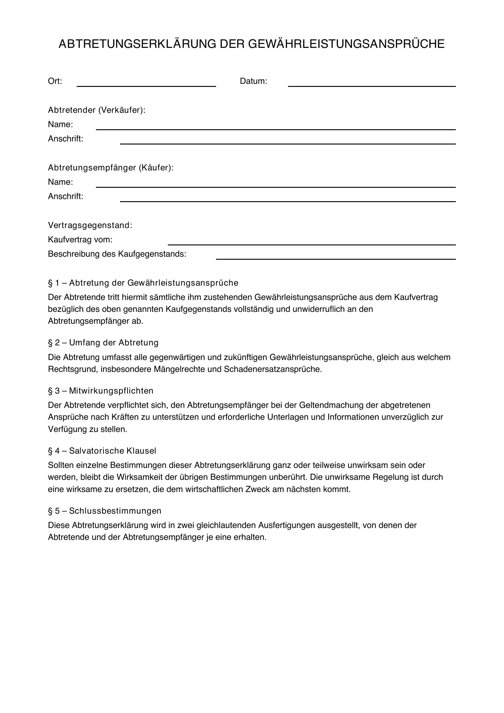 Abtretungserklärung Gewährleistung Vorlage