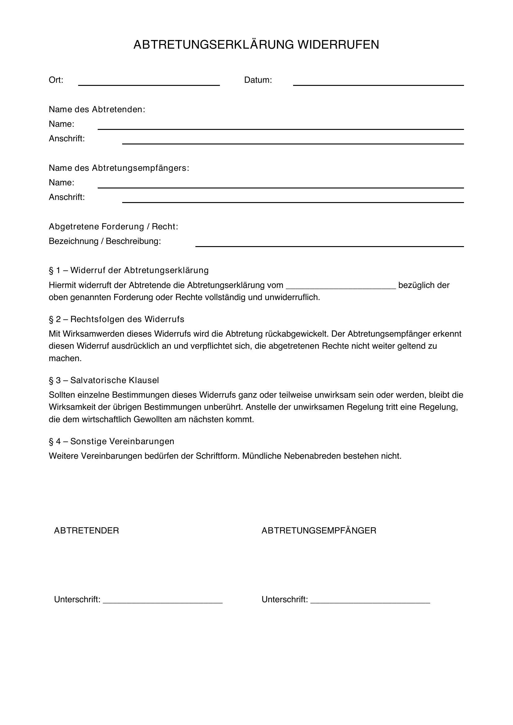 Abtretungserklärung Widerrufen Muster