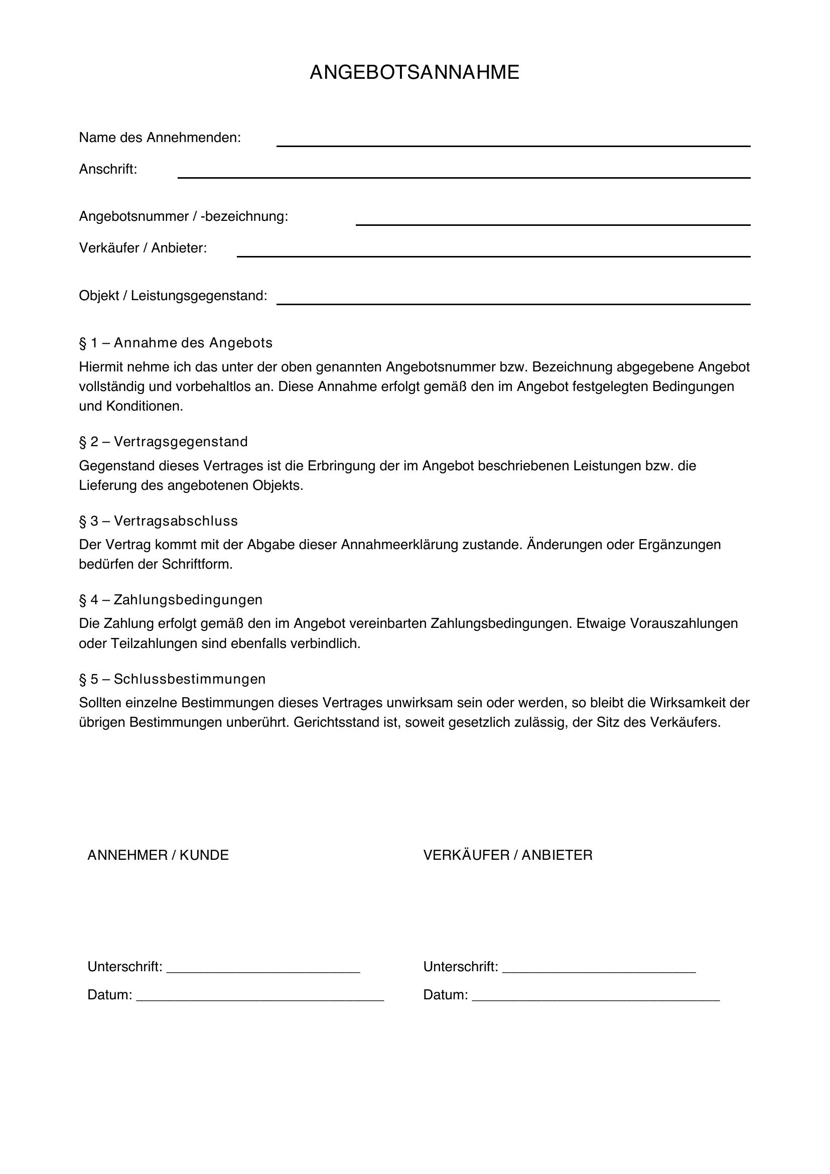 Angebotsannahme Formulieren