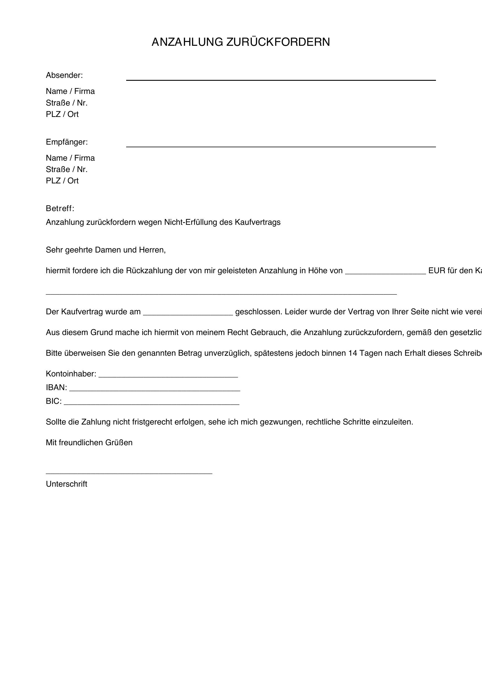 Anzahlung Zurückfordern Musterbrief