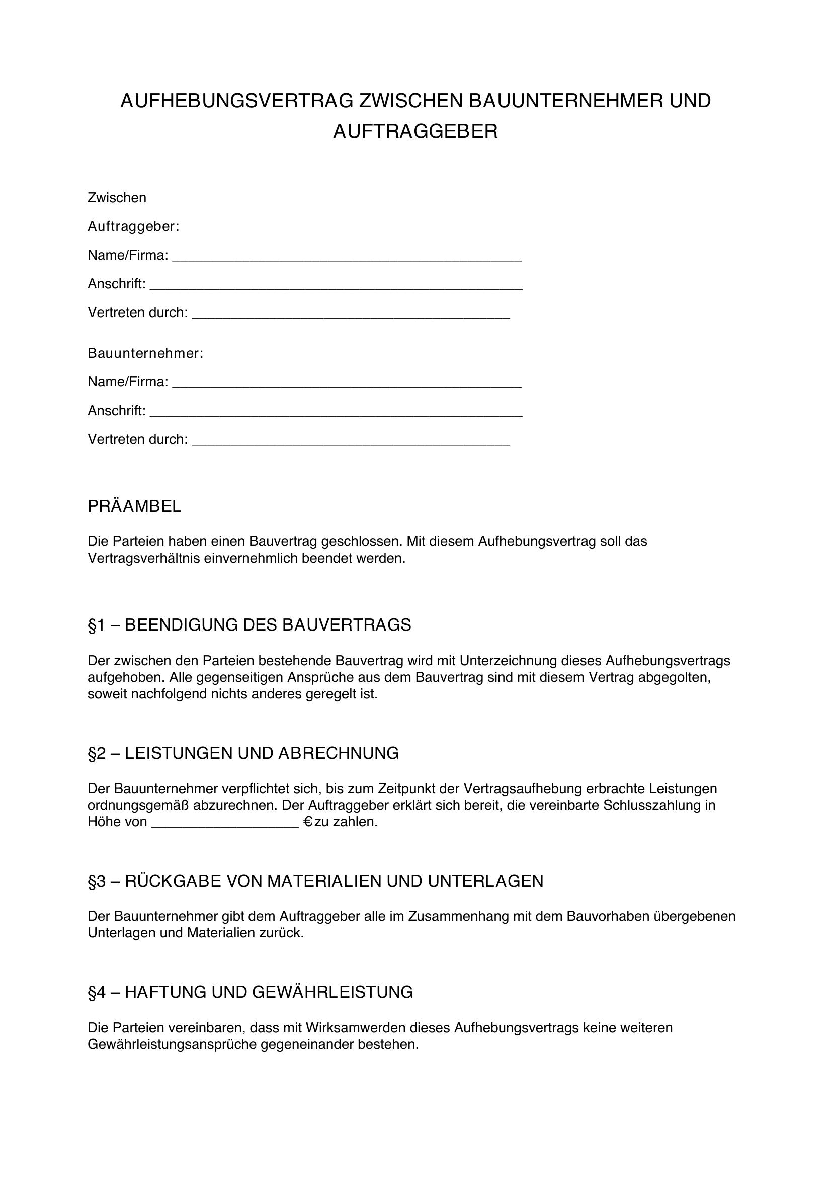 Aufhebungsvertrag Bauvertrag Muster