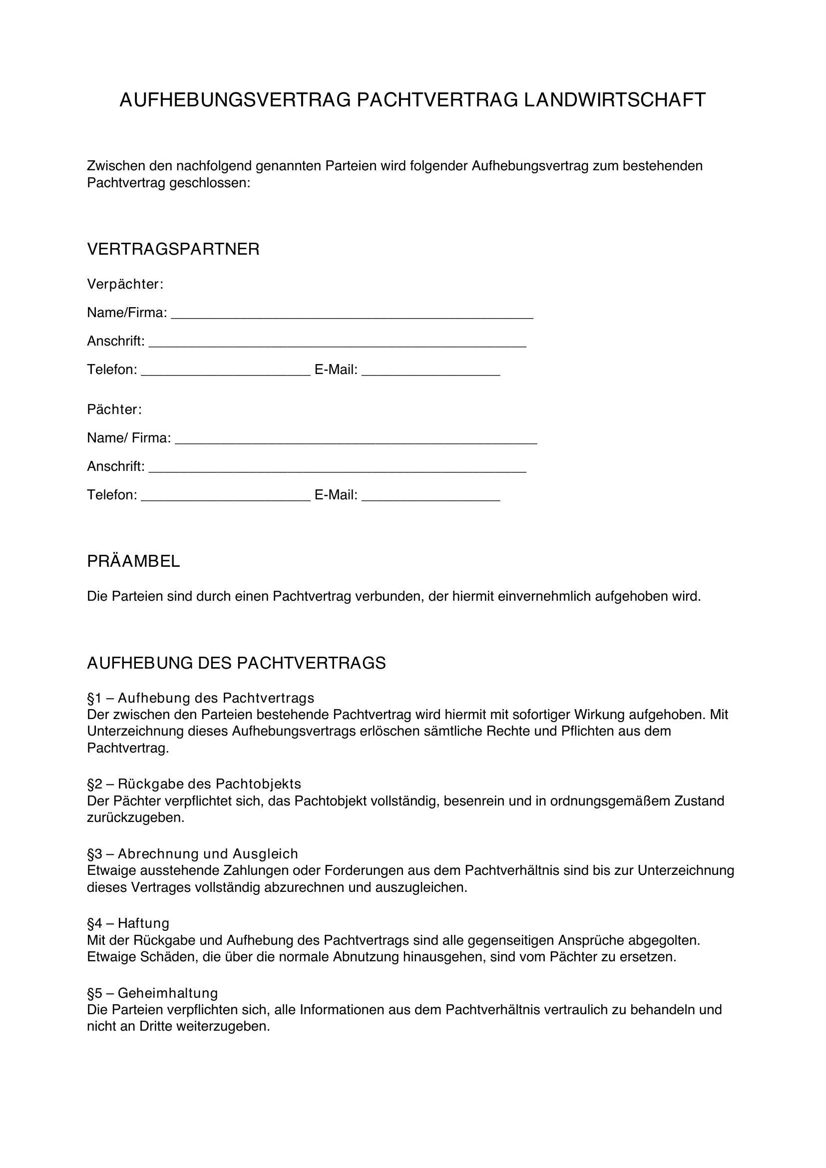 Aufhebungsvertrag Pachtvertrag Landwirtschaft Muster