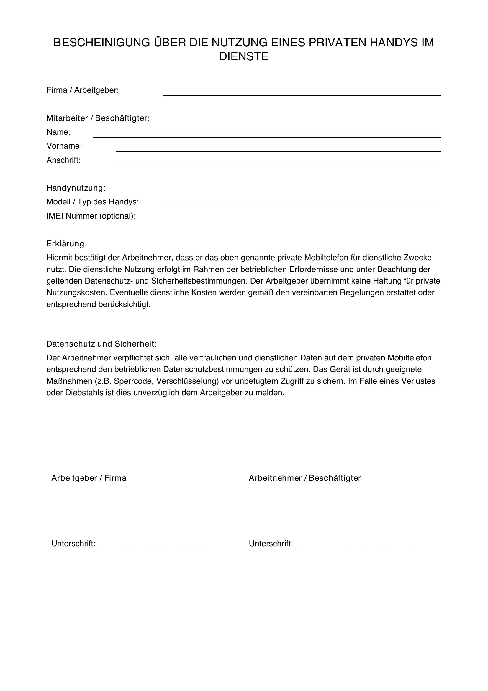 Bescheinigung Nutzung Privates Handy Vorlage