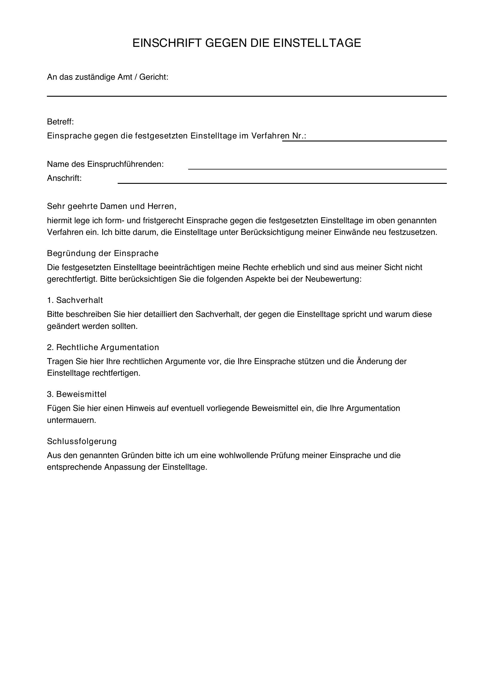 Musterbrief Einsprache Gegen Einstelltage