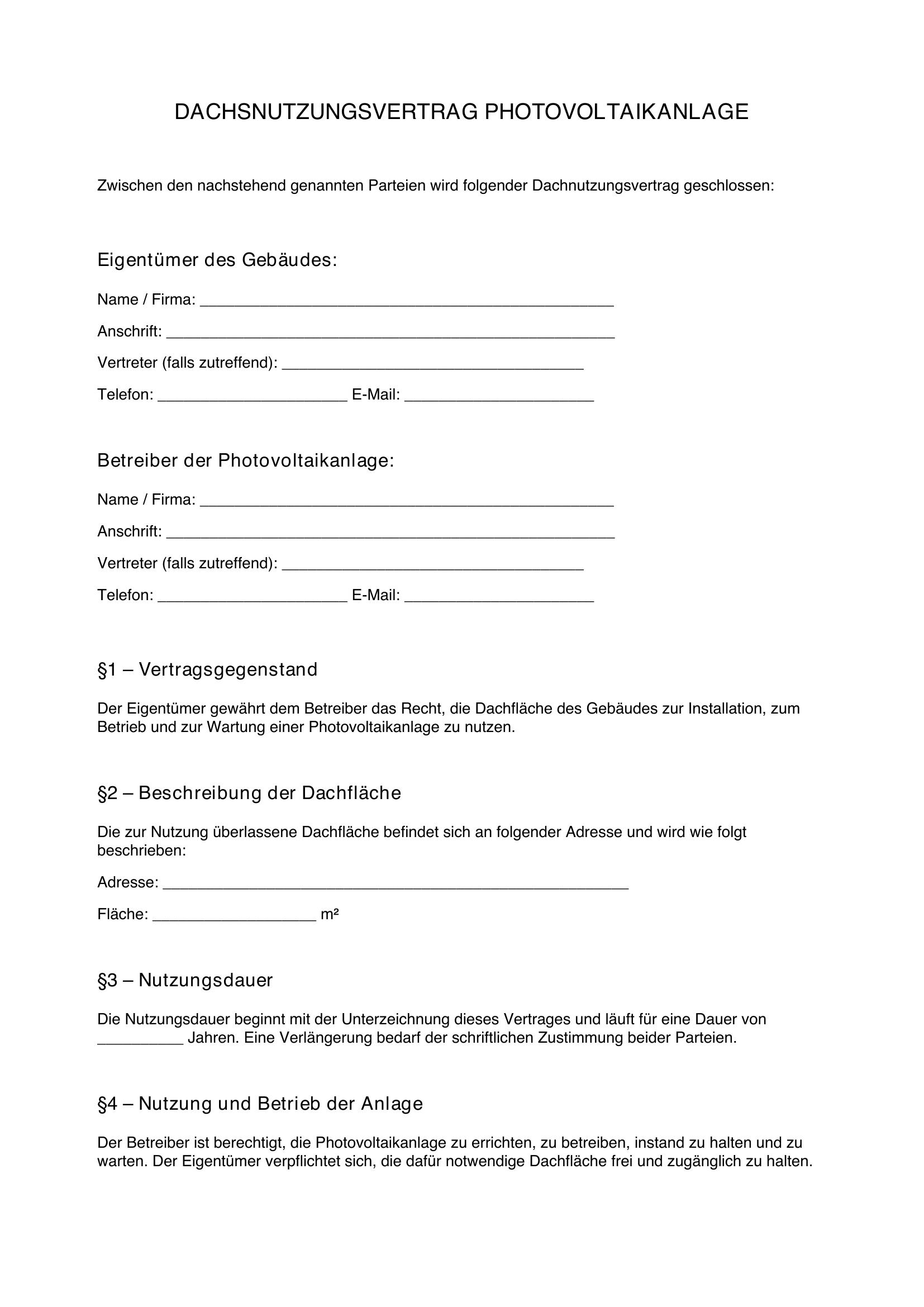 Dachnutzungsvertrag Photovoltaik Muster