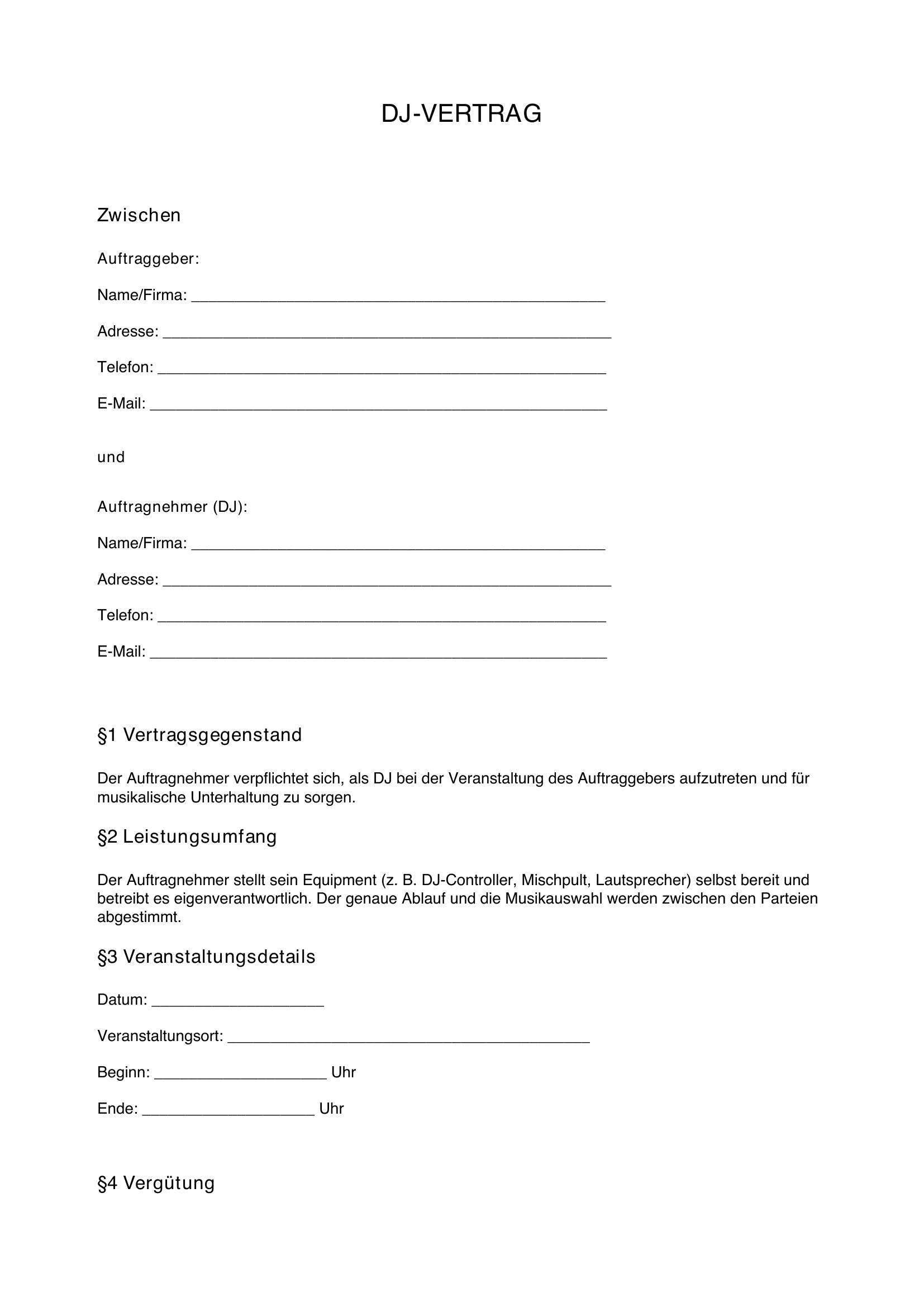 Dj Vertrag Vorlage