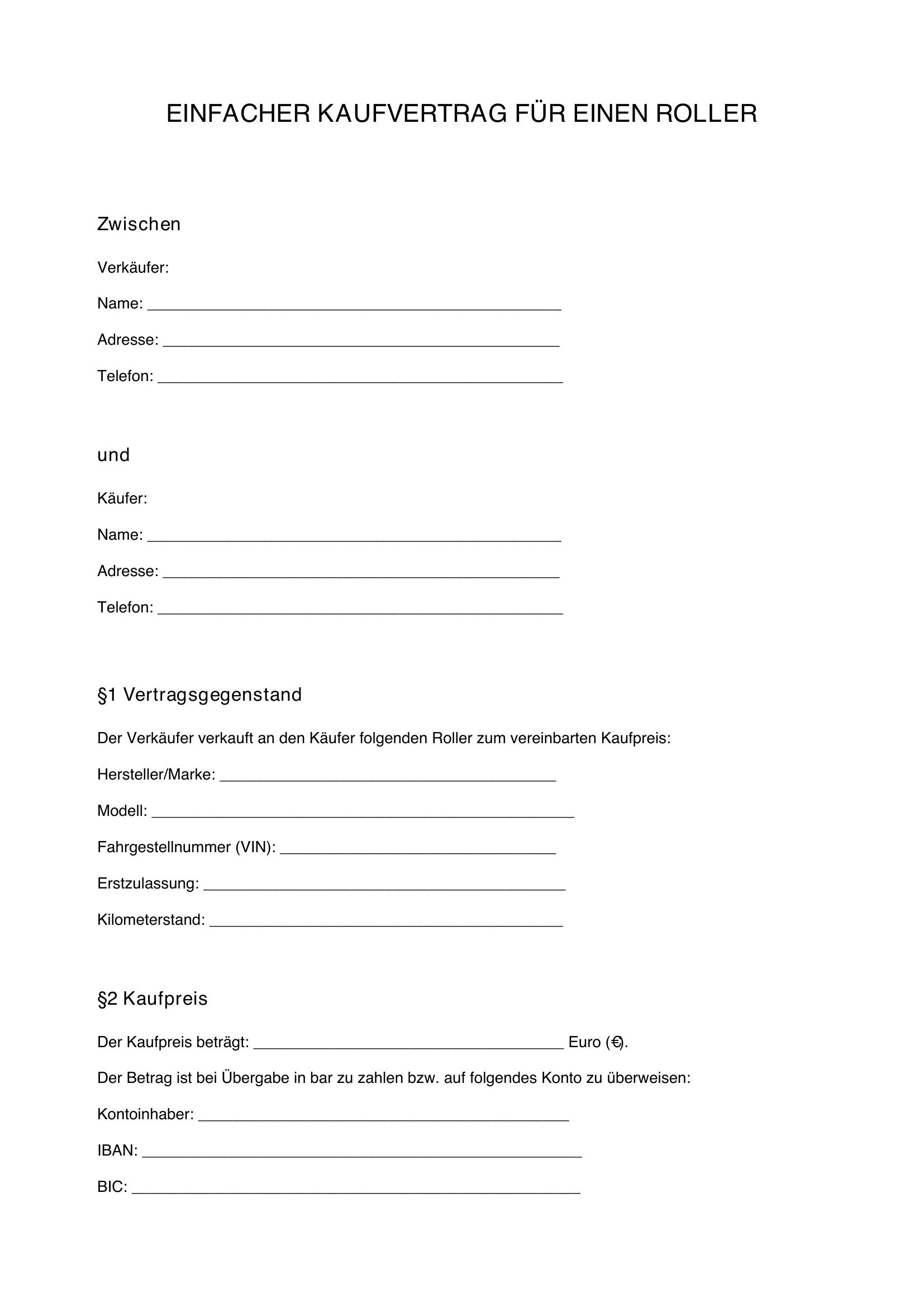 Einfacher Kaufvertrag Roller