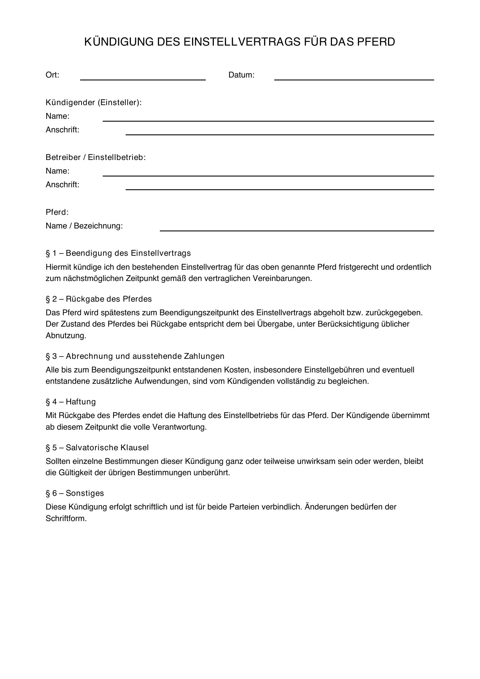 Einstellvertrag Pferd Kündigen