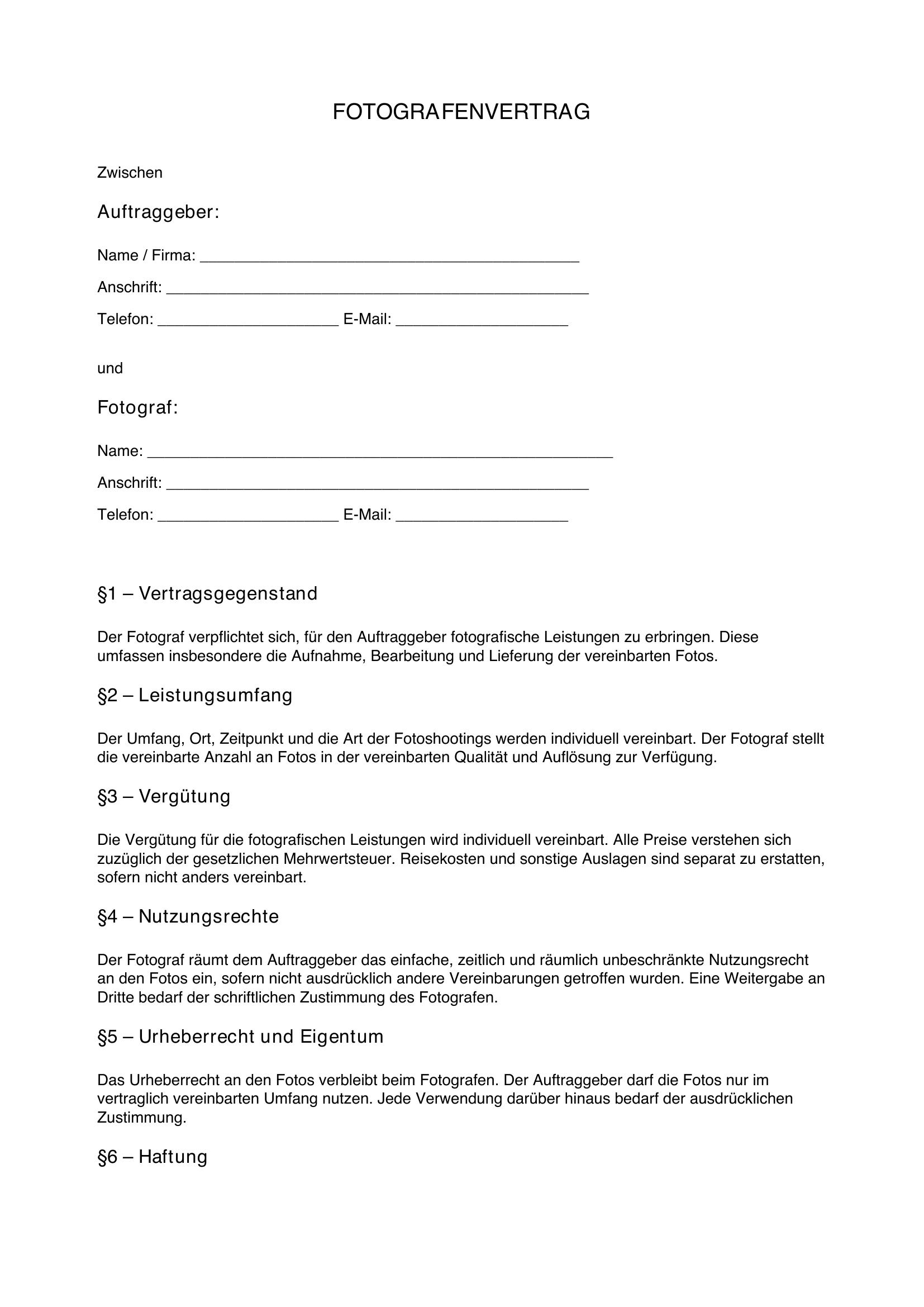 Fotograf Vertrag Muster