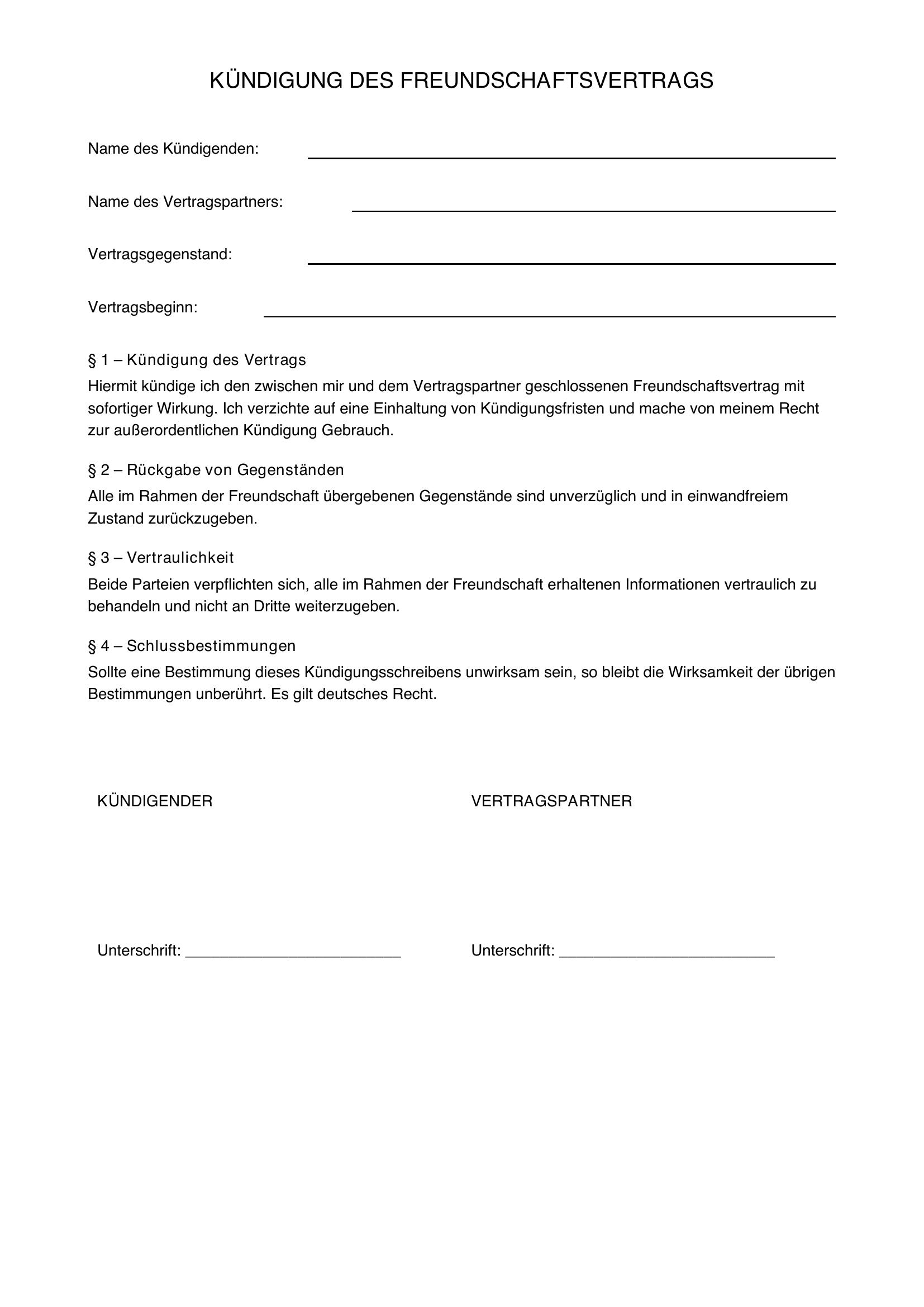 Freundschaft Kündigen Vertrag