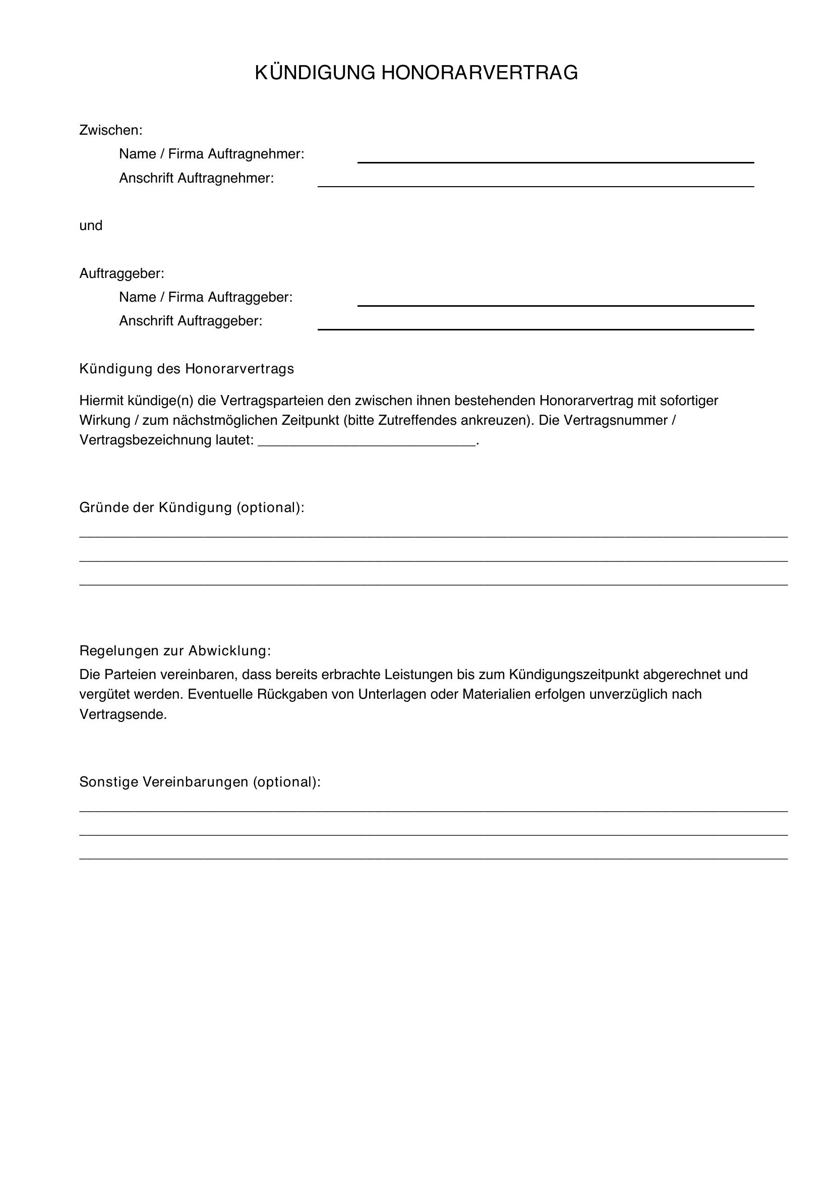 Honorarvertrag Kündigen