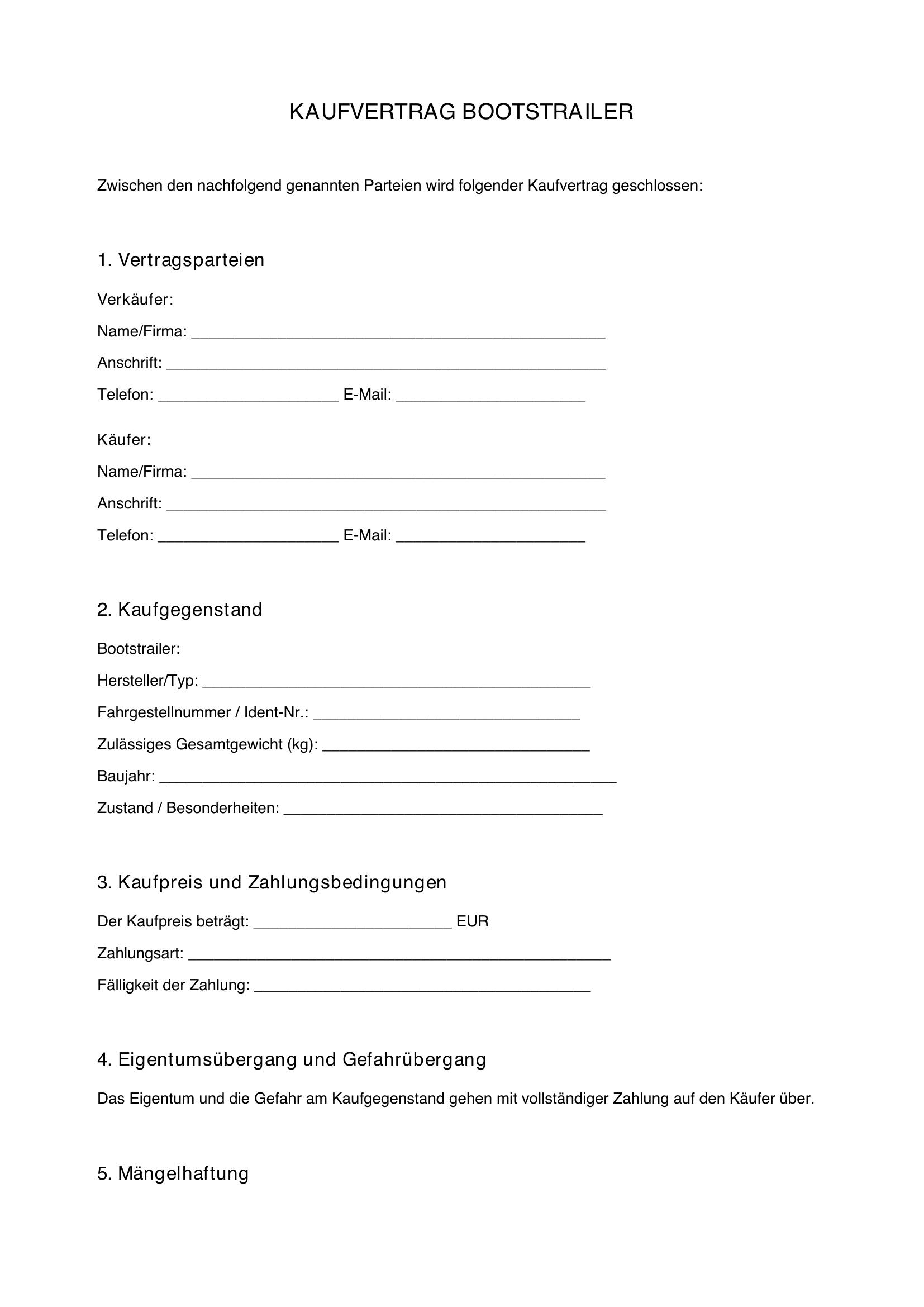 Kaufvertrag Bootstrailer