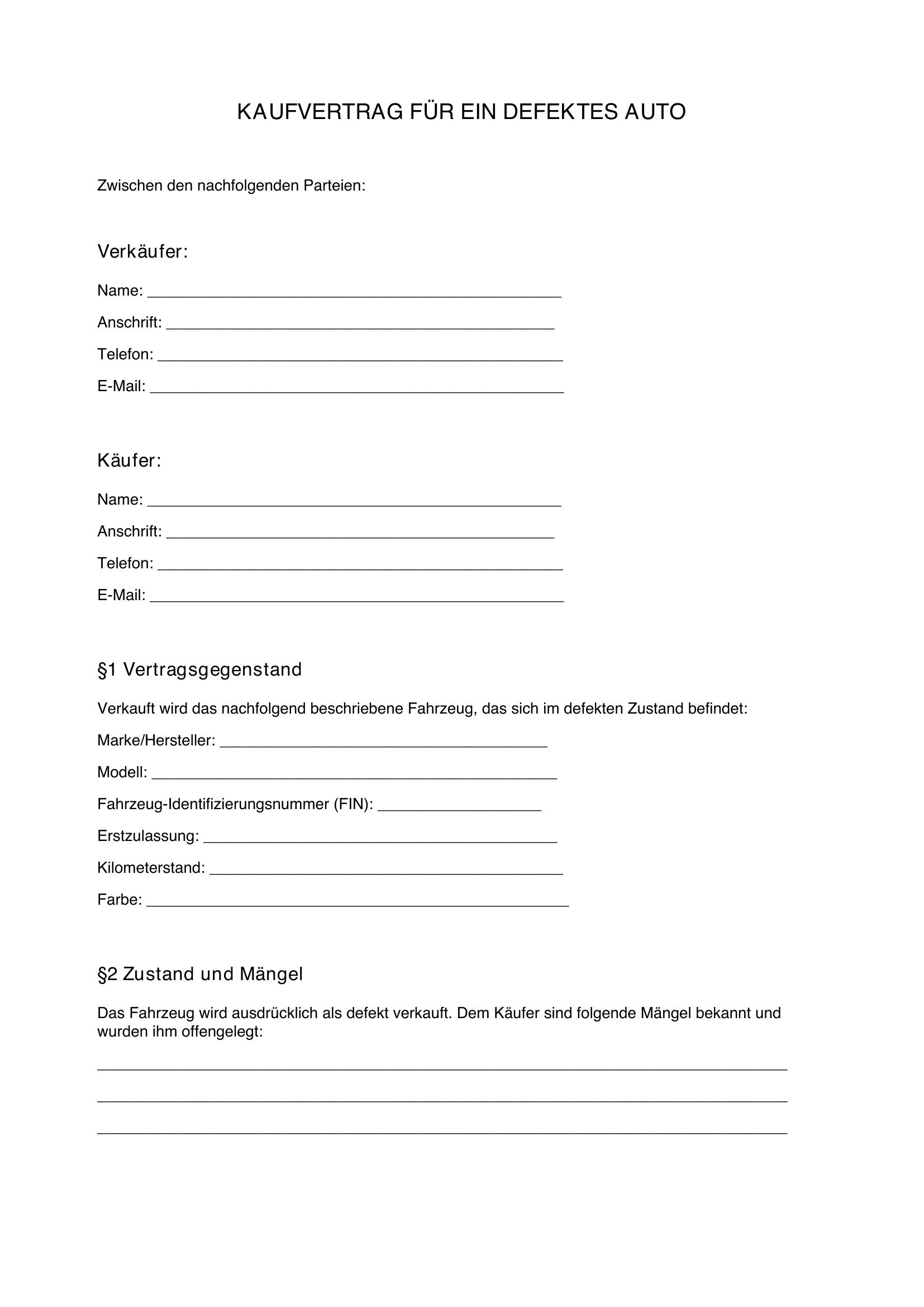 Kaufvertrag Defektes Auto