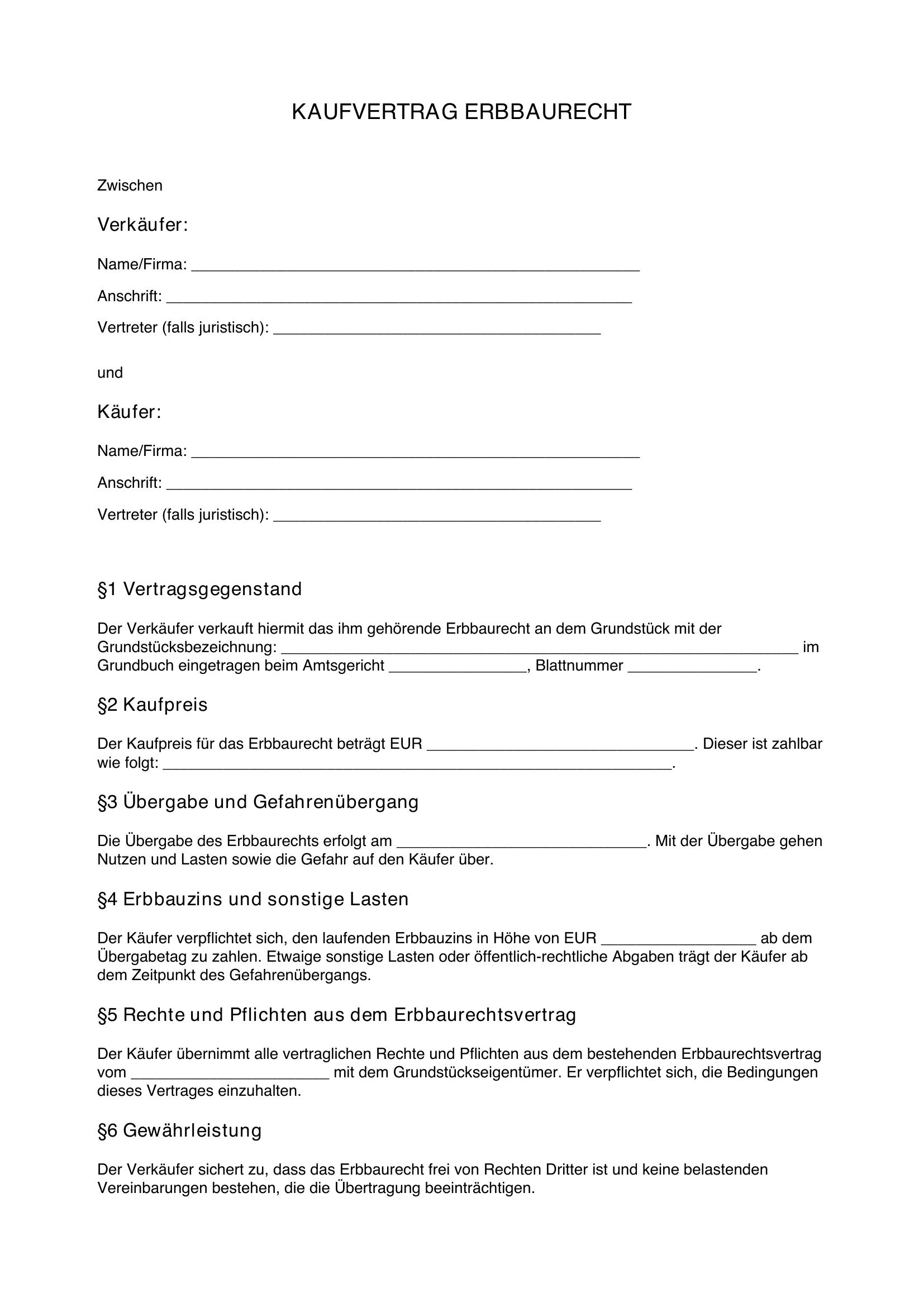 Kaufvertrag Erbbaurecht Muster