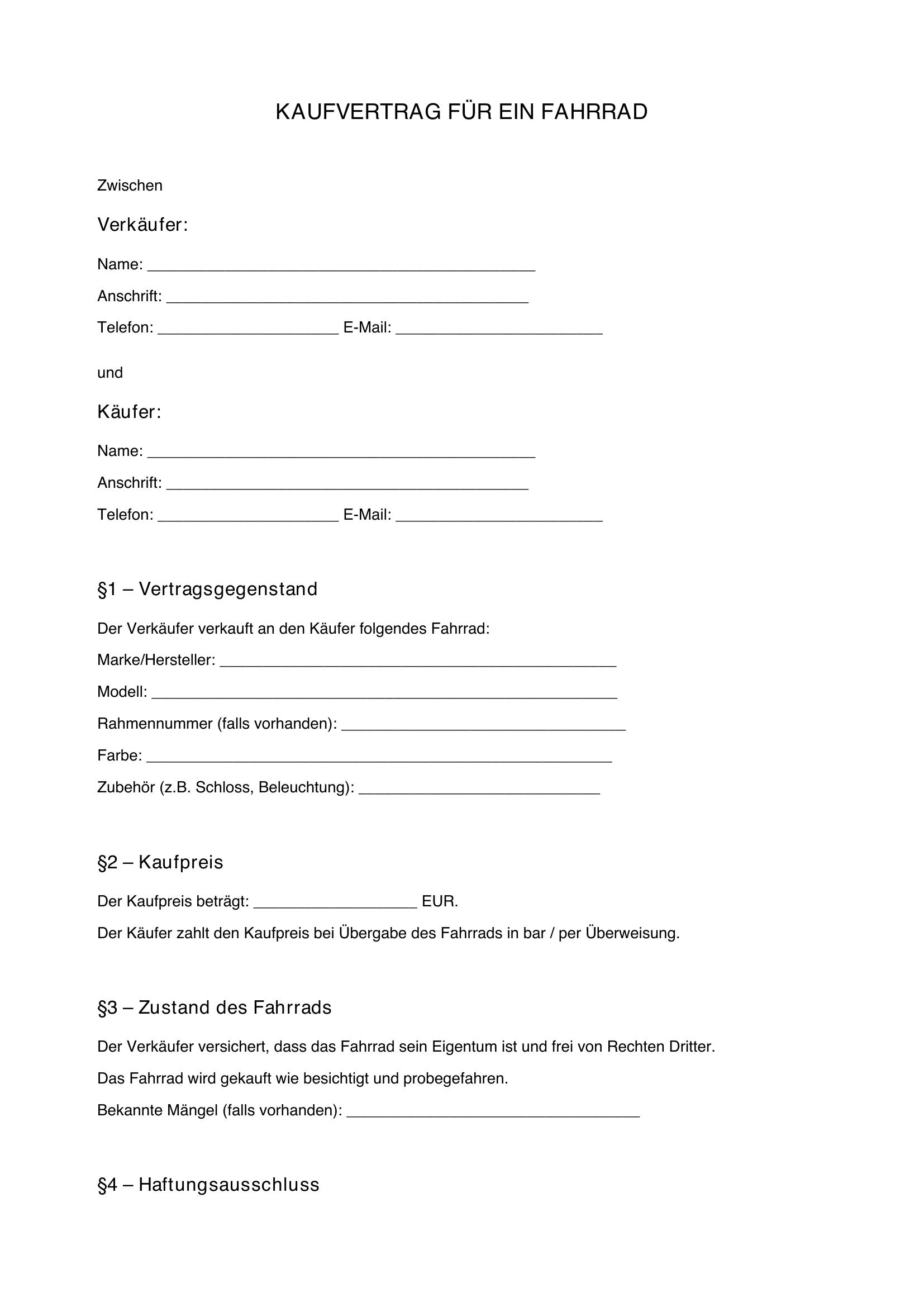 Spannende Fahrrad Kaufvertrag Privat Ebenbild