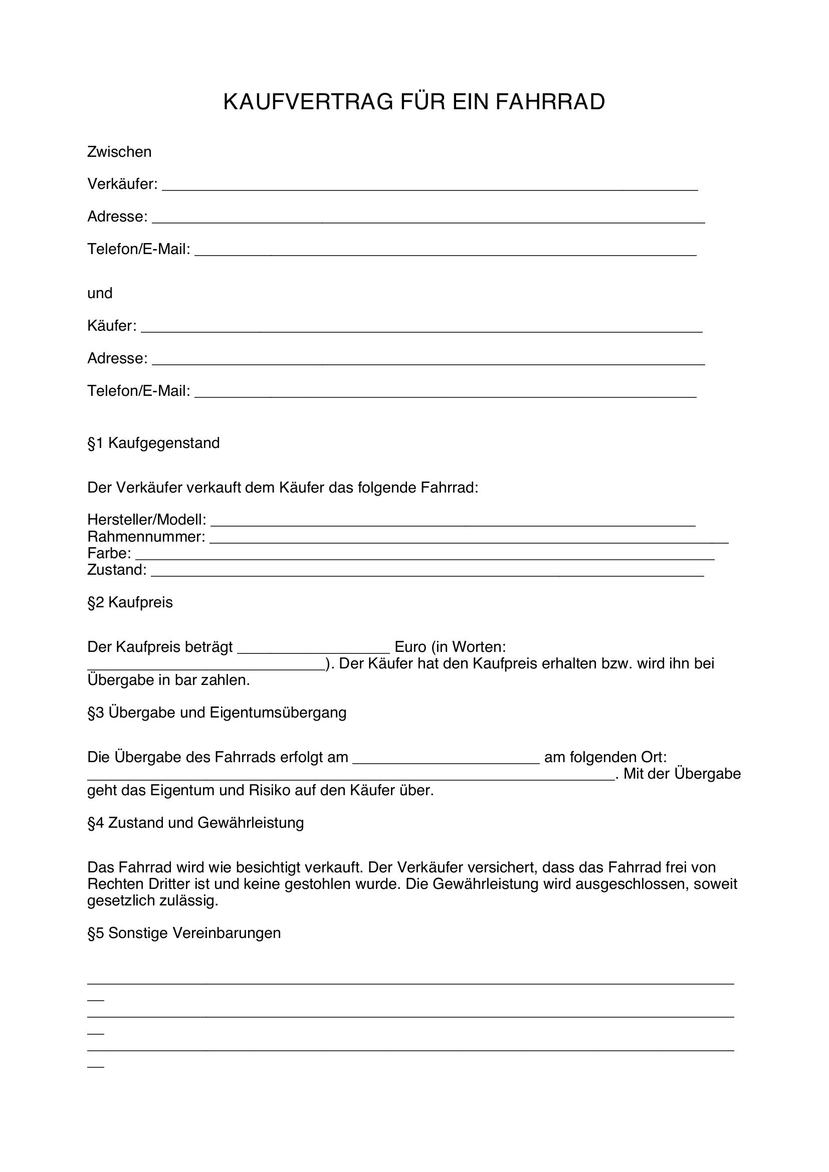 Kaufvertrag Fahrrad Privat Vorlage