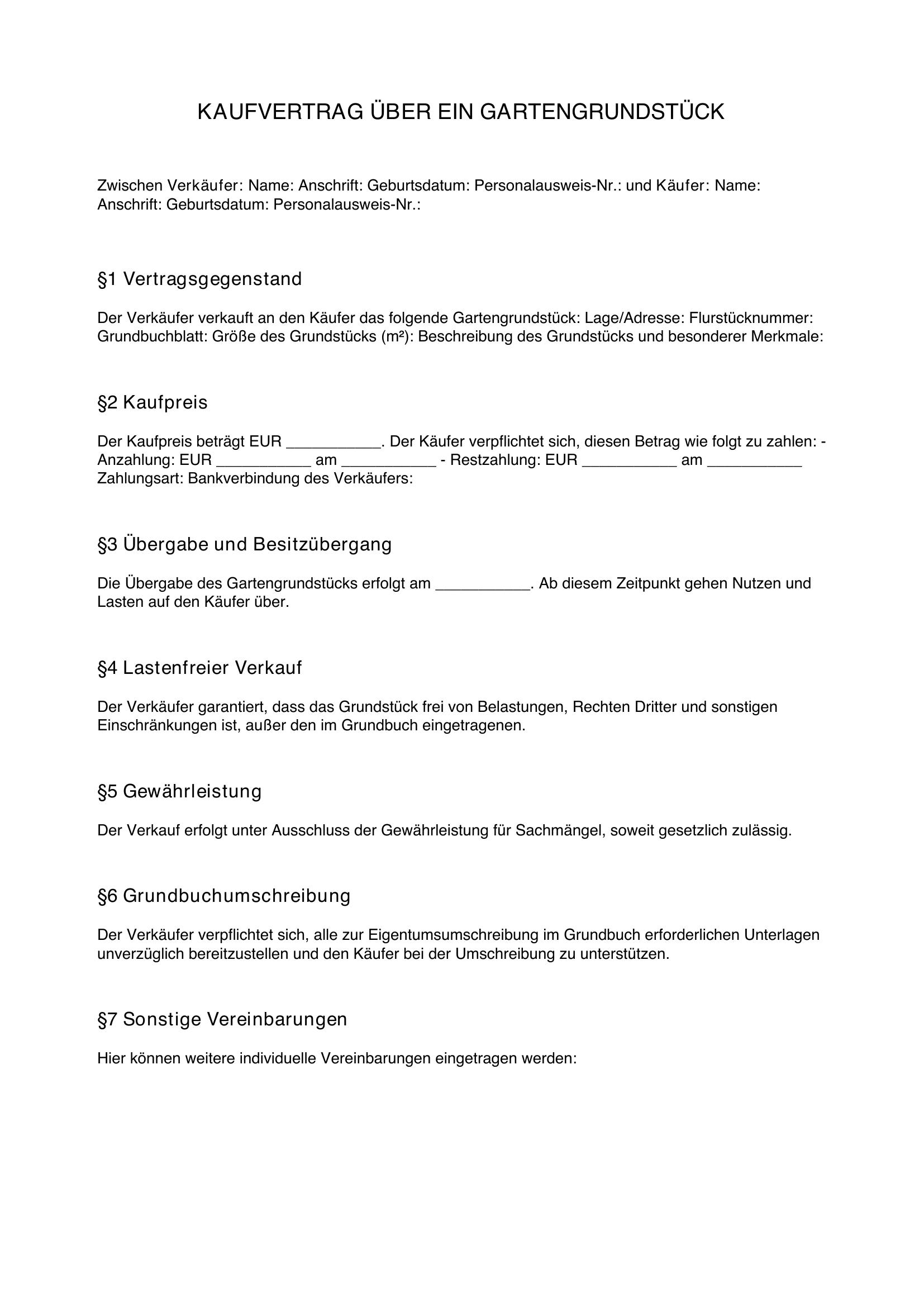 Kaufvertrag Gartengrundstück Privat