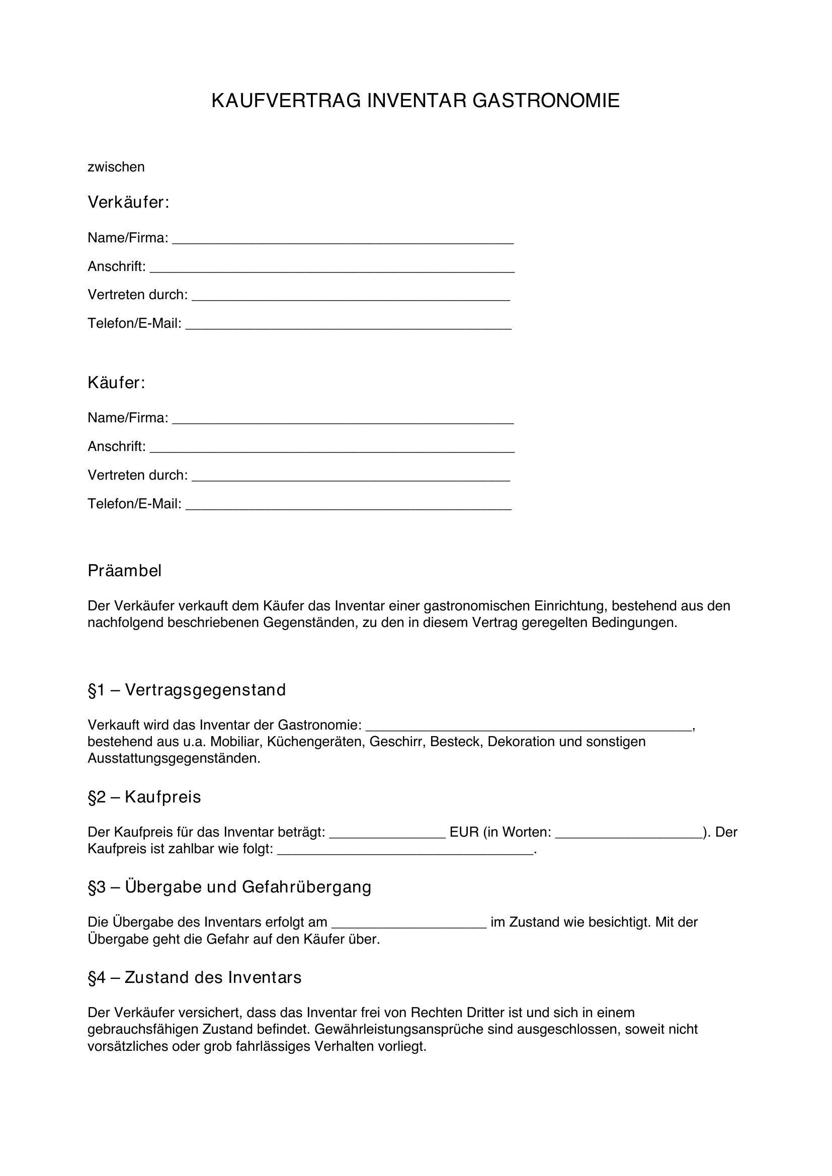Kaufvertrag Inventar Gastronomie Muster