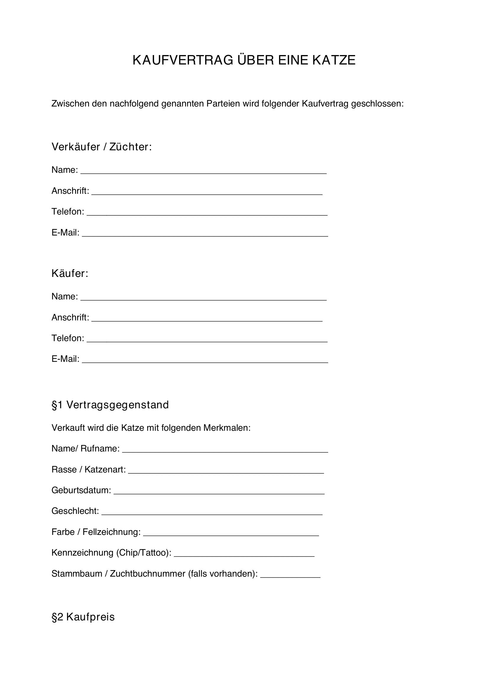 Kaufvertrag Katze