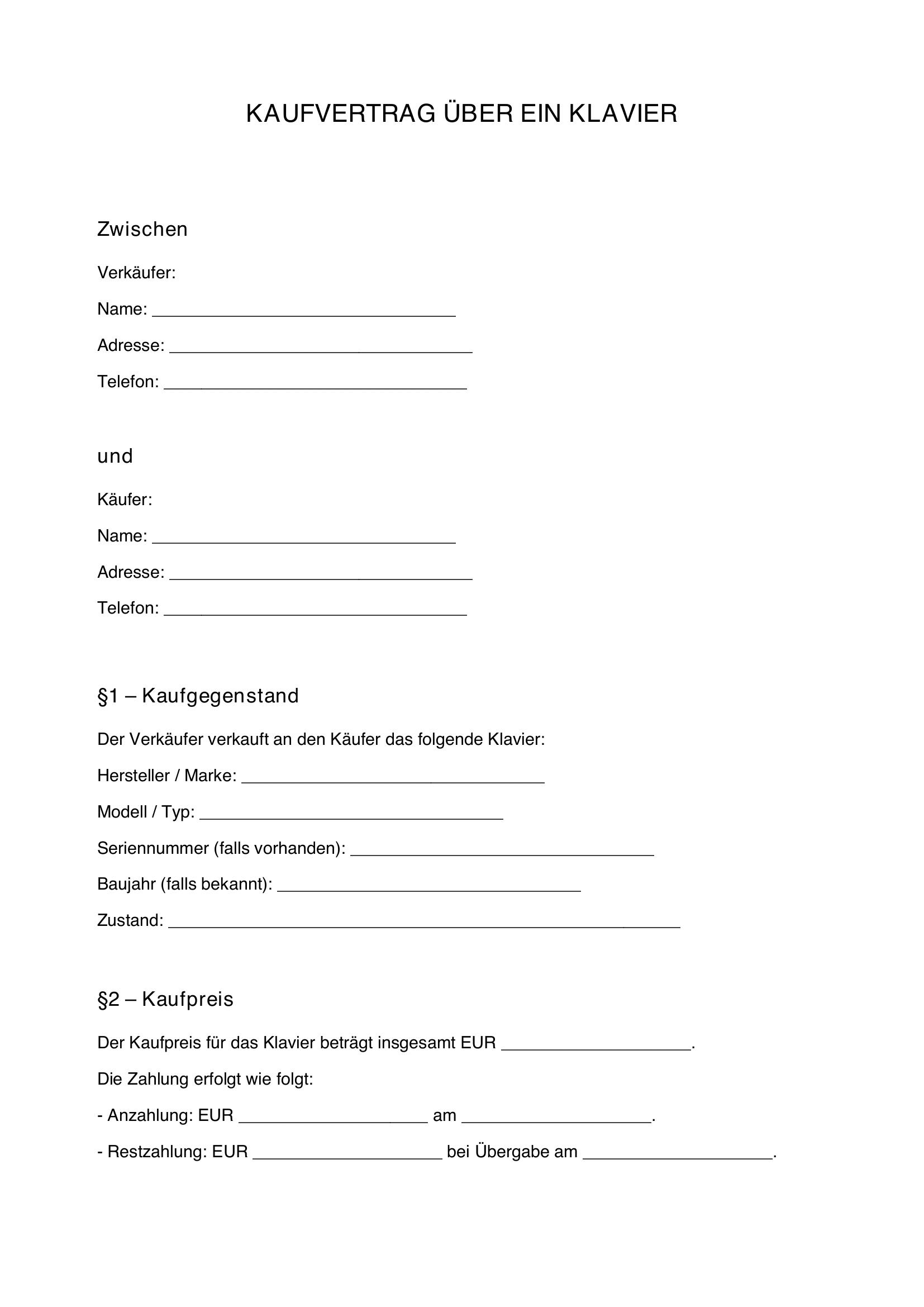 Kaufvertrag Klavier