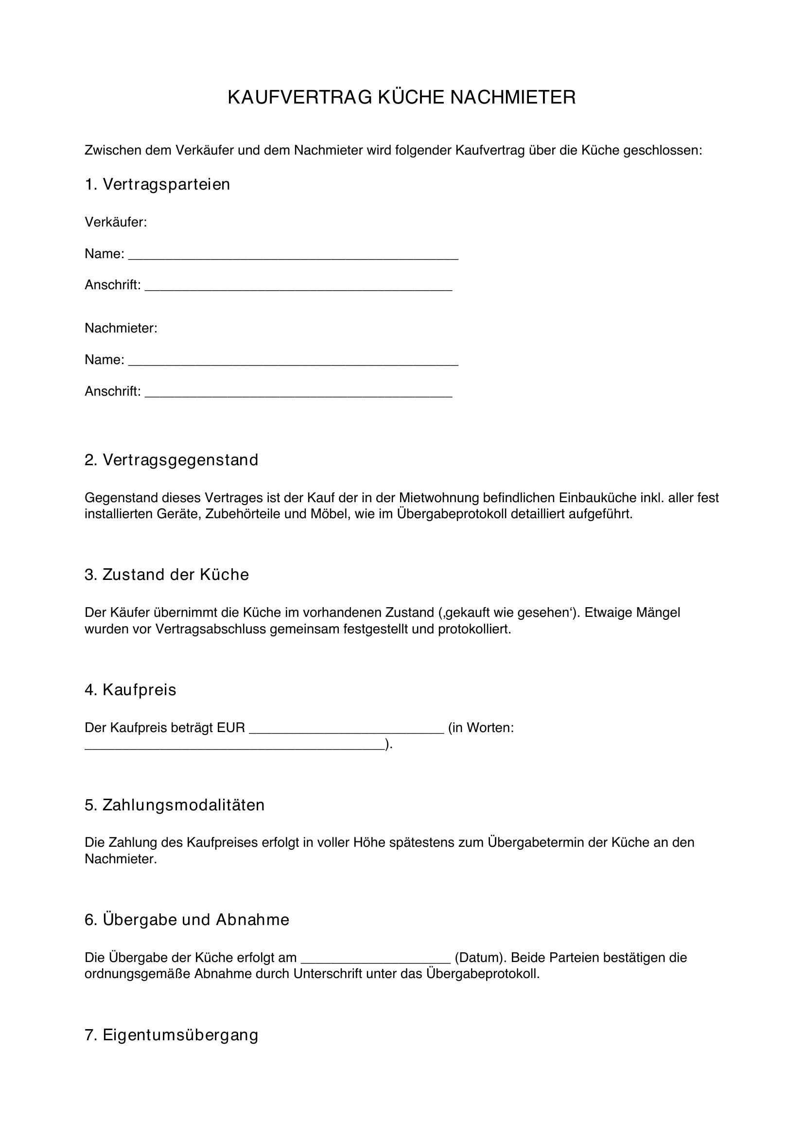 Kaufvertrag Küche Nachmieter