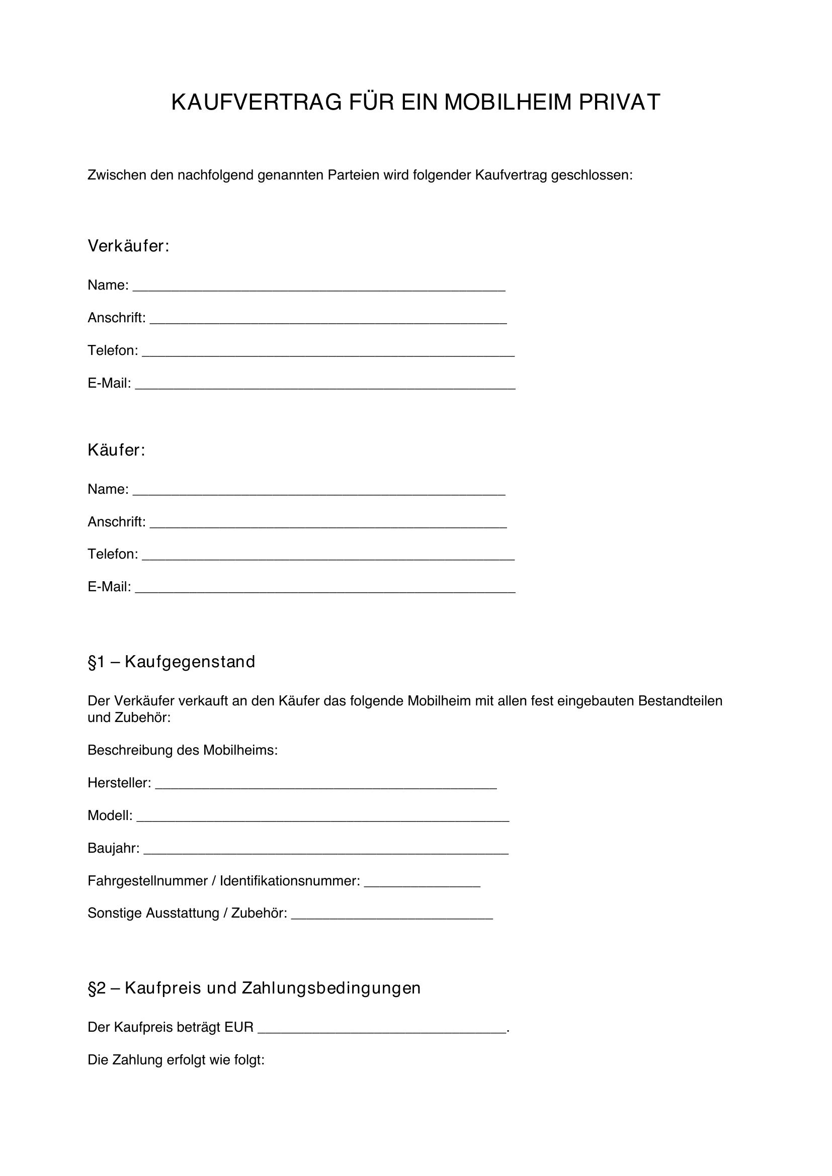 Kaufvertrag Mobilheim Privat