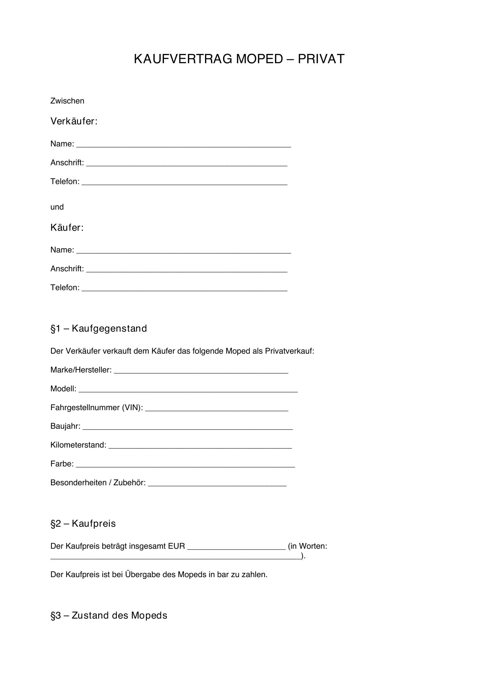 Wunderbar Kaufvertrag Moped Privat Pdf Fotos