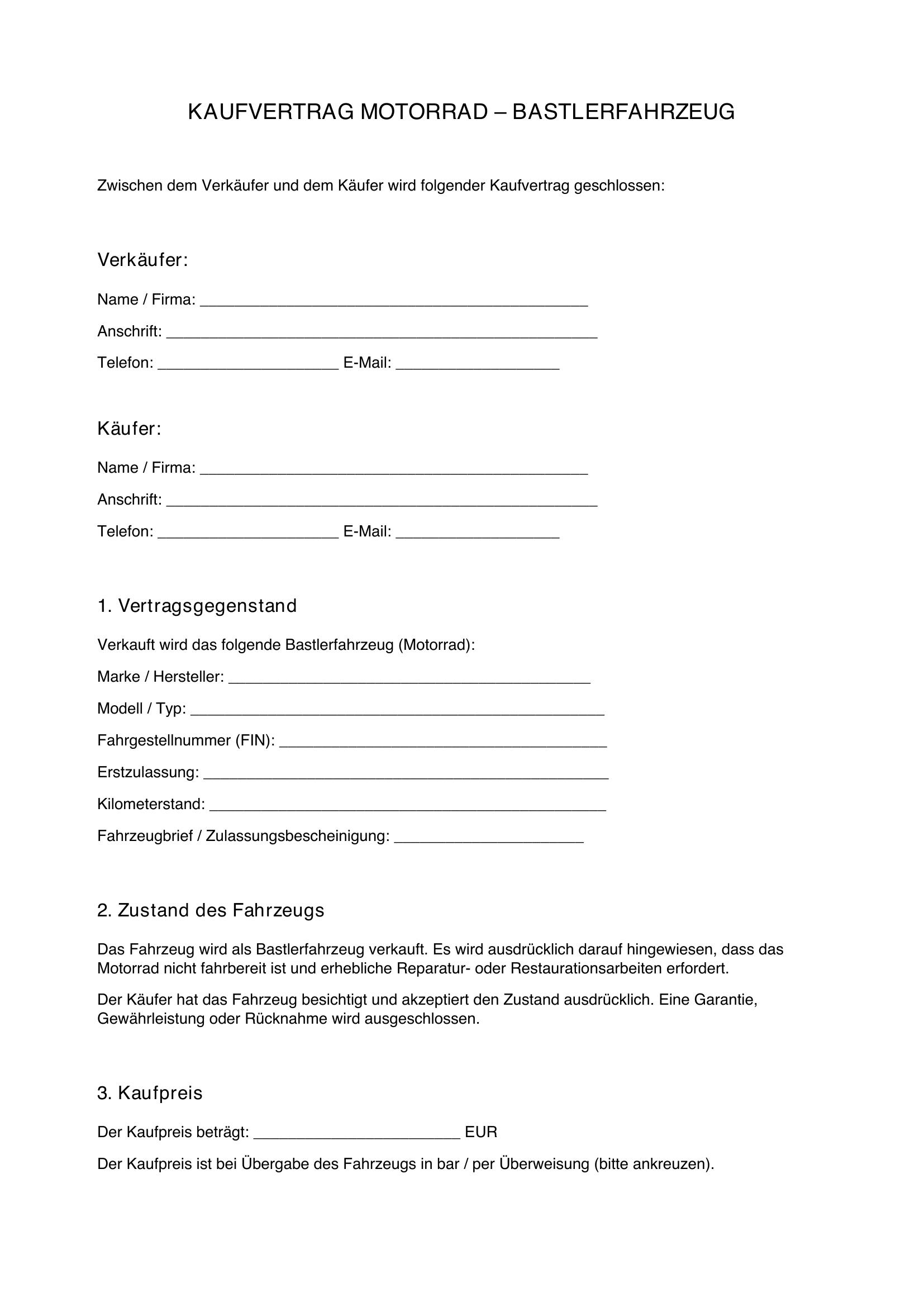 Kaufvertrag Motorrad Bastlerfahrzeug