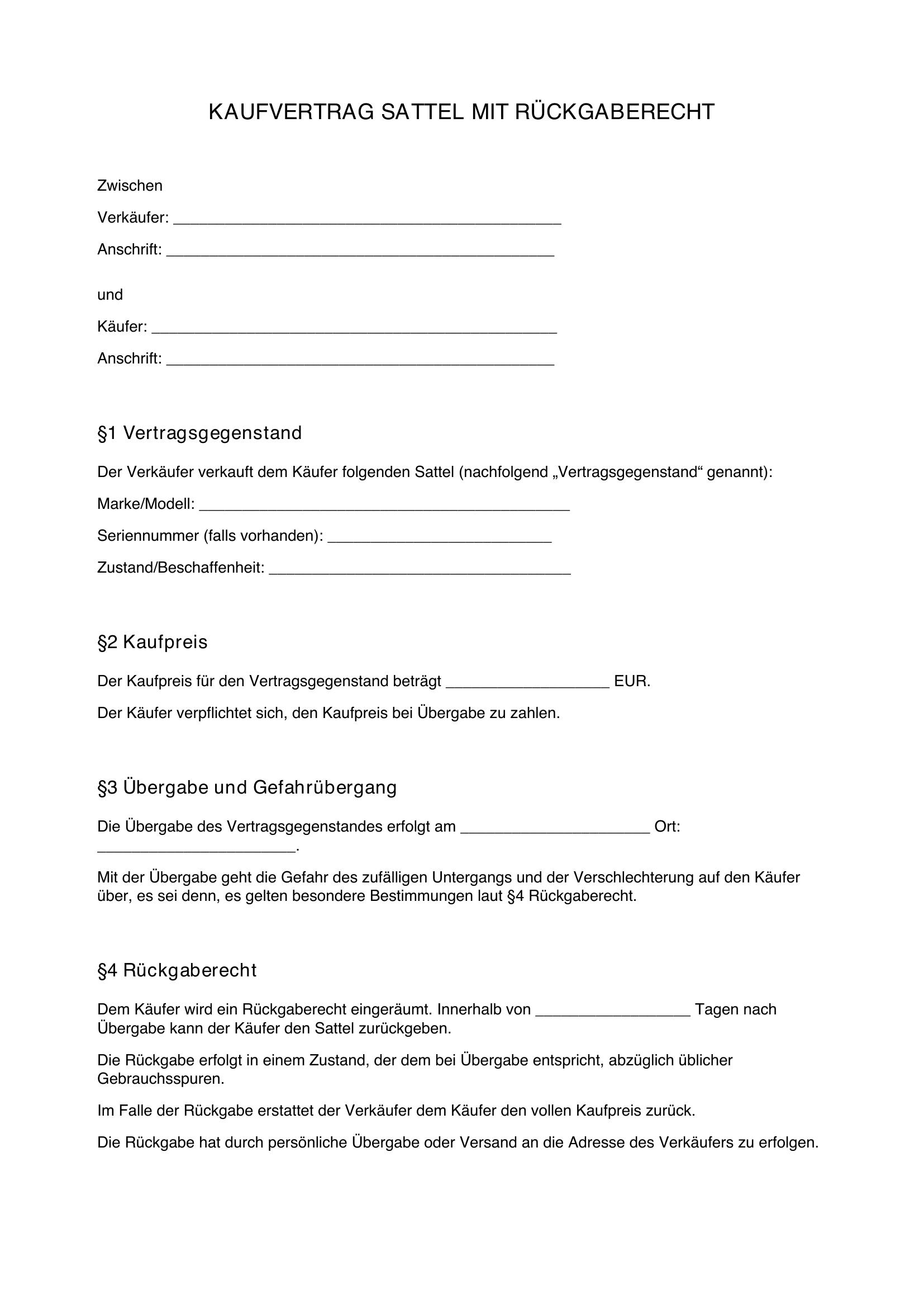Kaufvertrag Sattel Rückgaberecht