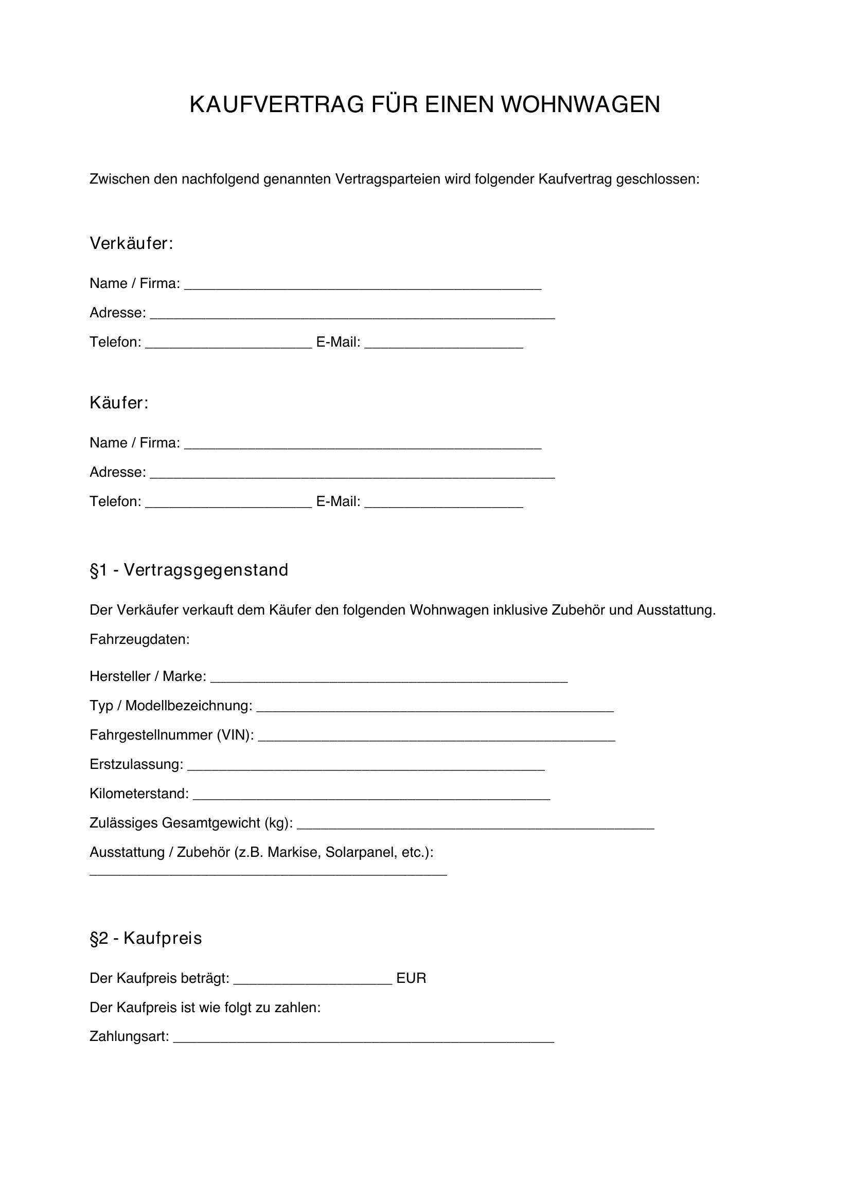Kaufvertrag Wohnwagen