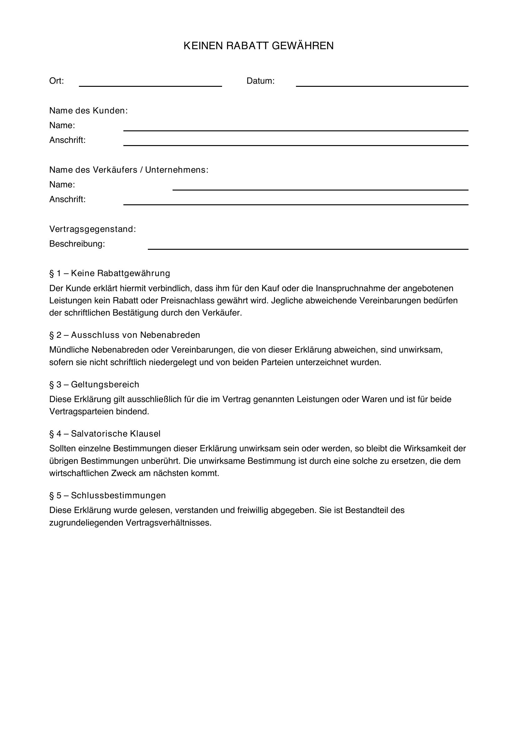 Keinen Rabatt Gewähren Formulierung