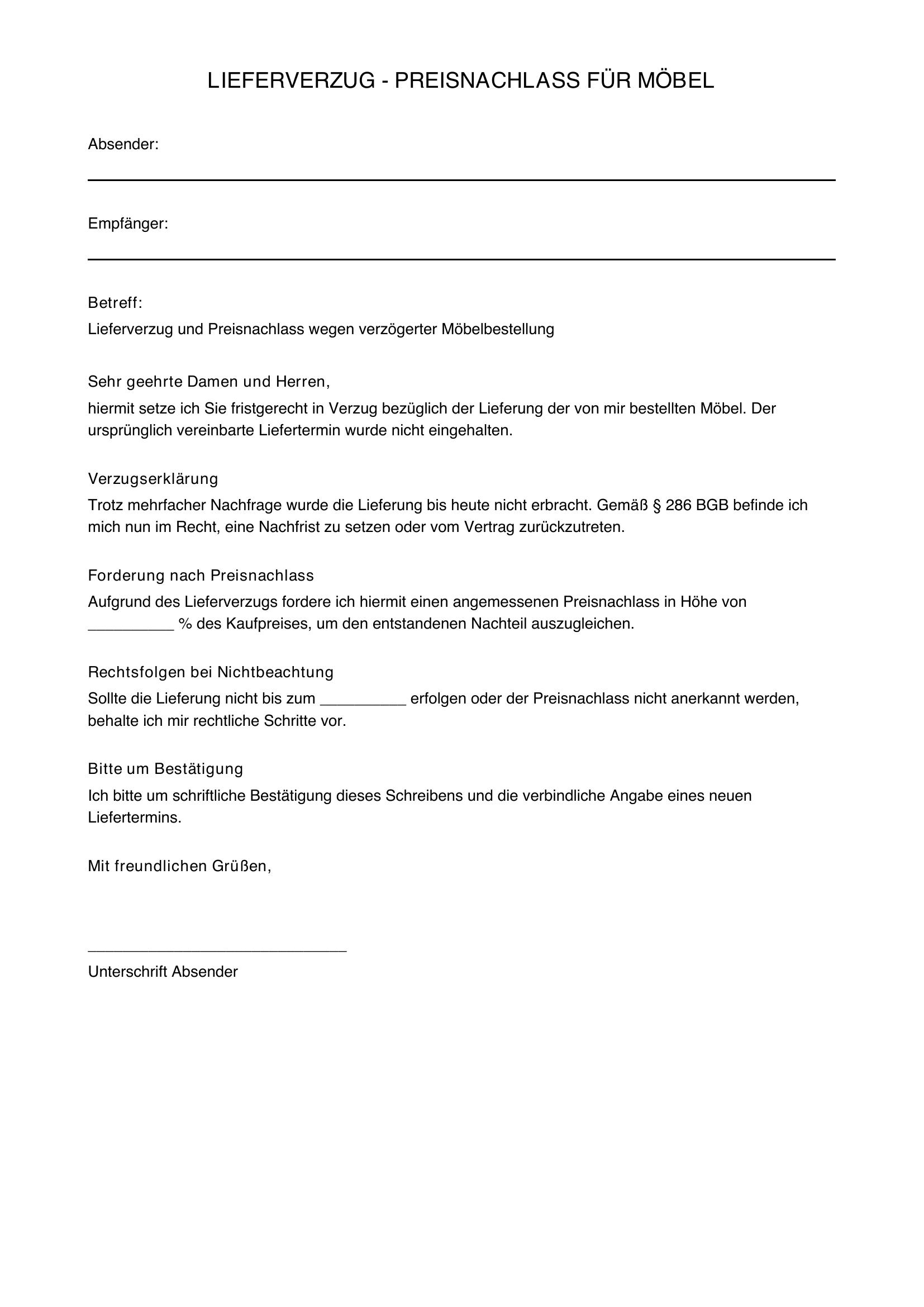 Lieferverzug Möbel Preisnachlass Musterbrief