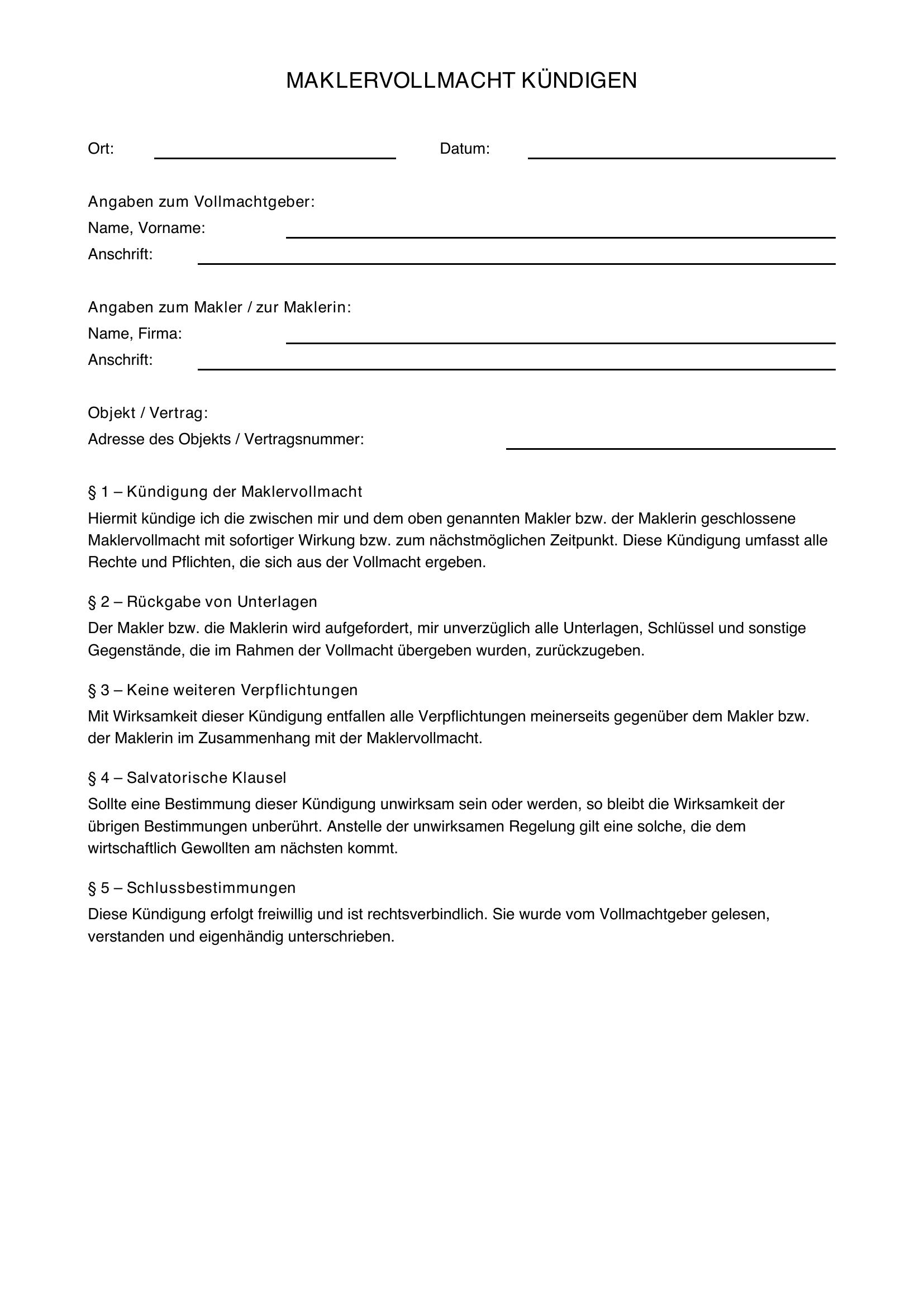 Maklervollmacht Kündigen