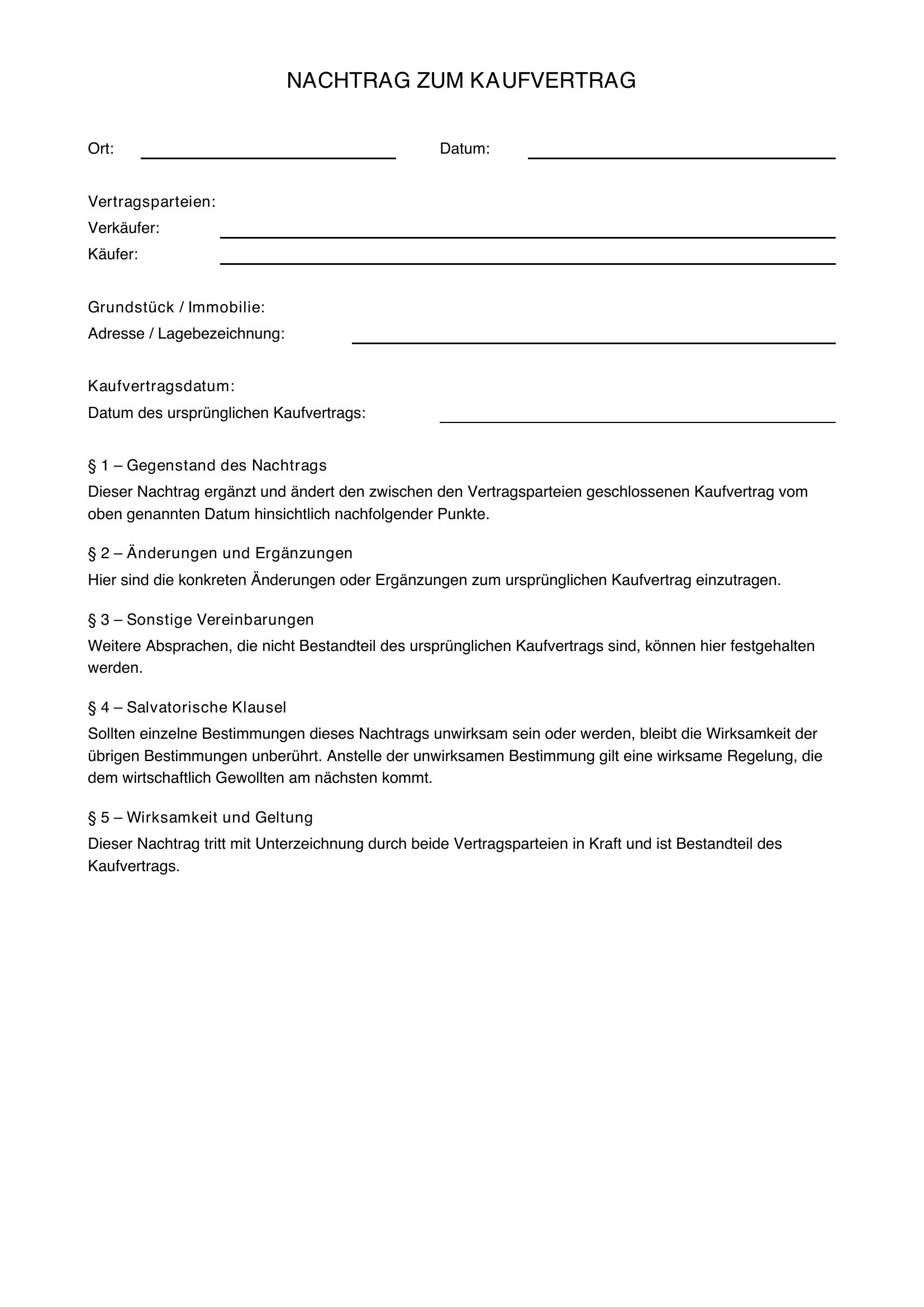 Nachtrag Zum Kaufvertrag Muster