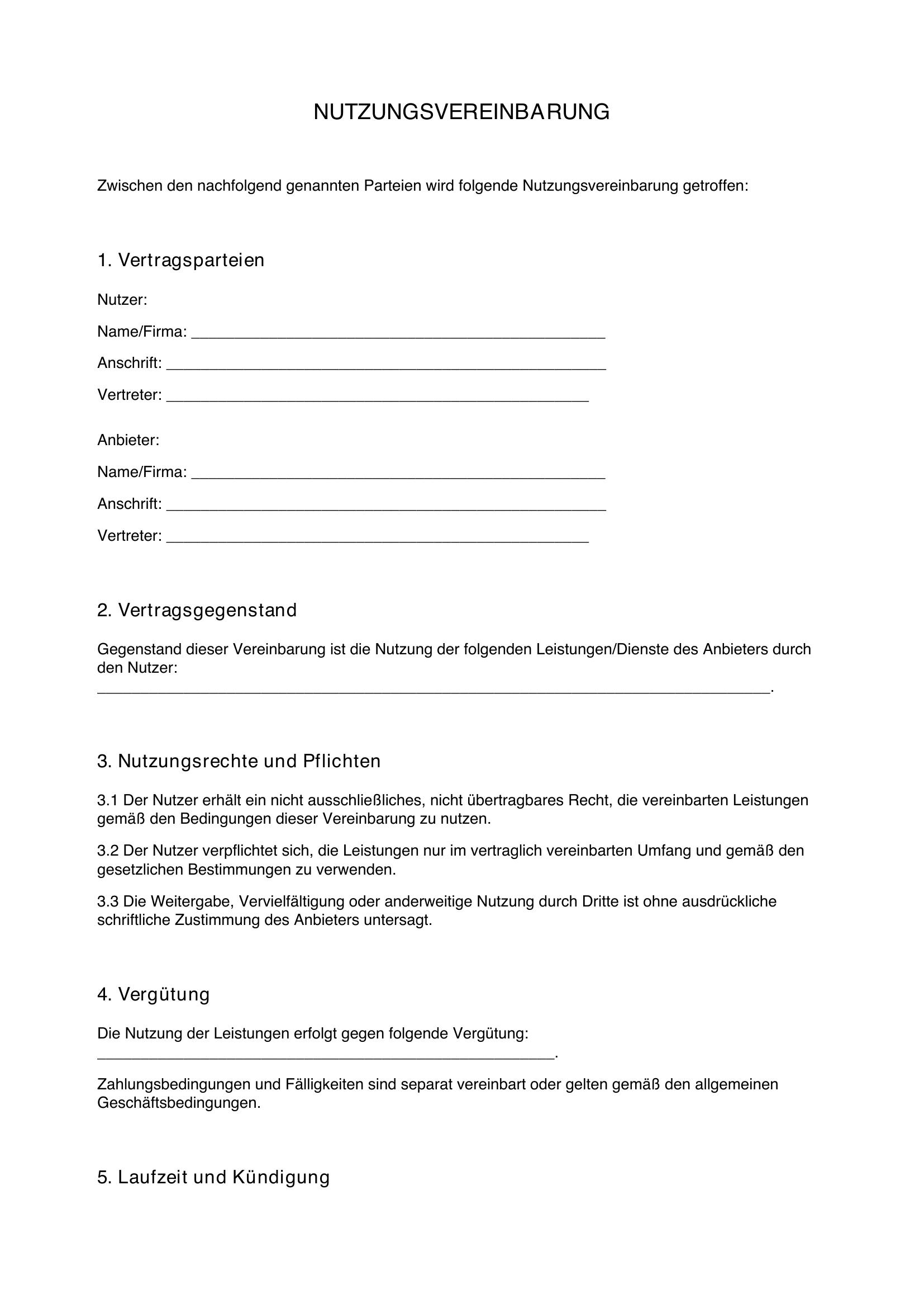 Nutzungsvereinbarung Vorlage