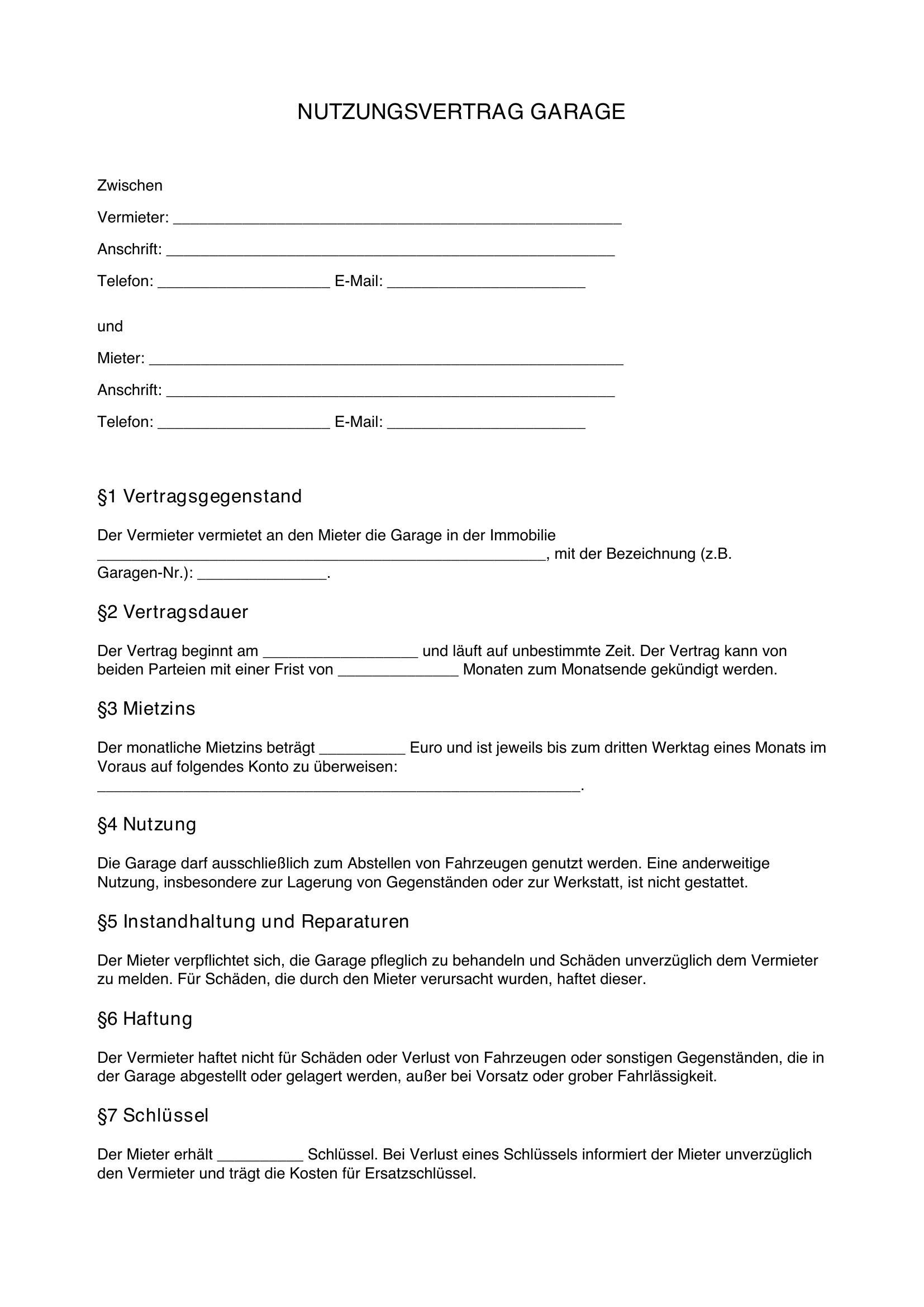 Nutzungsvertrag Garage