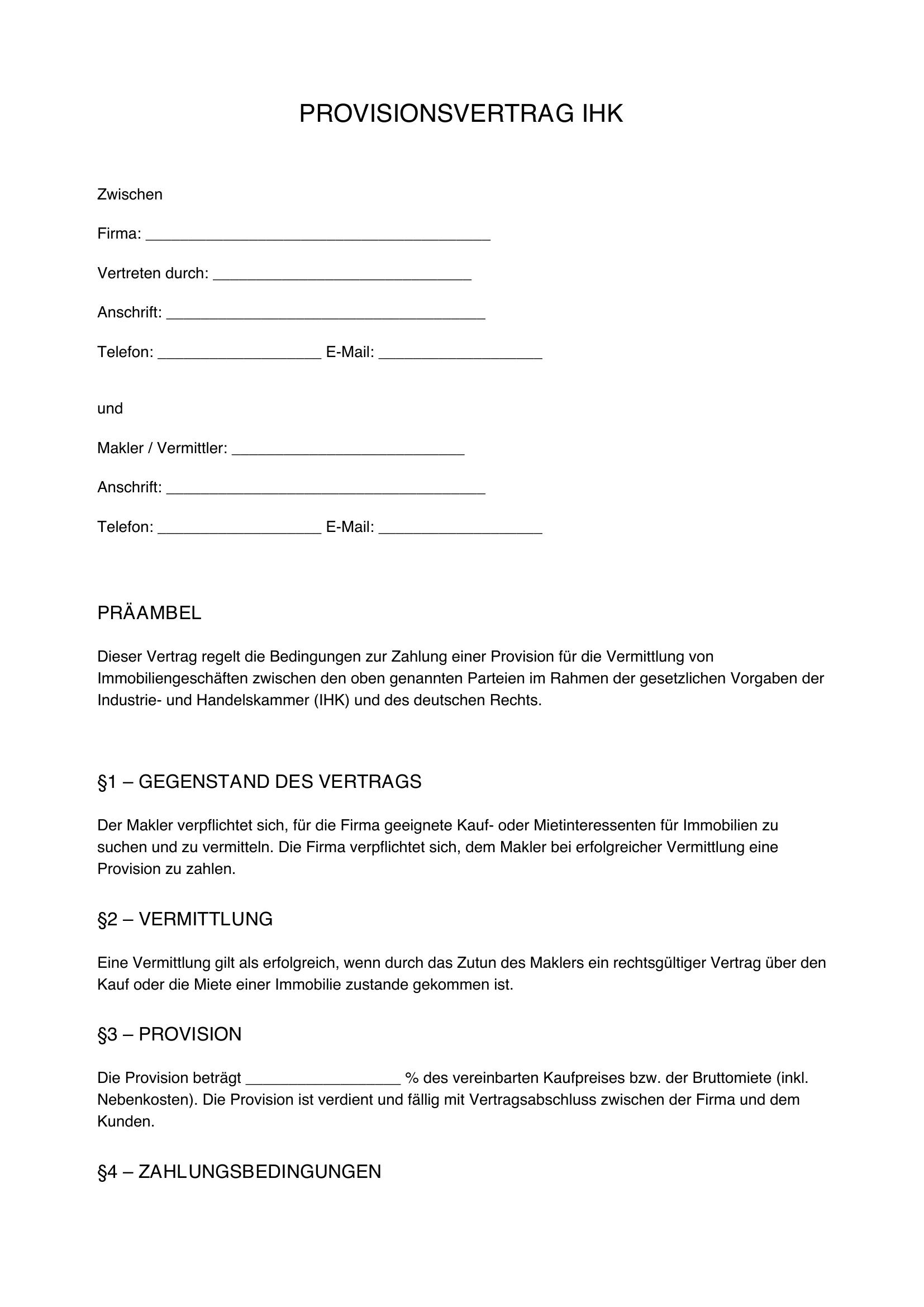 Provisionsvertrag Muster Ihk