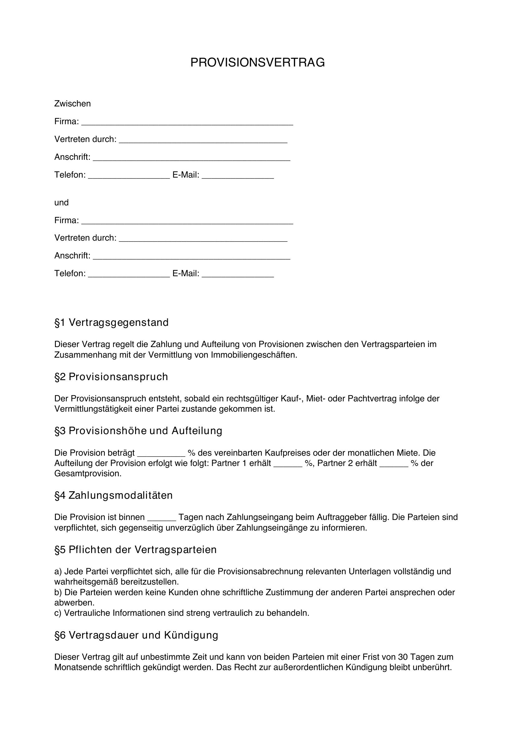Provisionsvertrag Muster