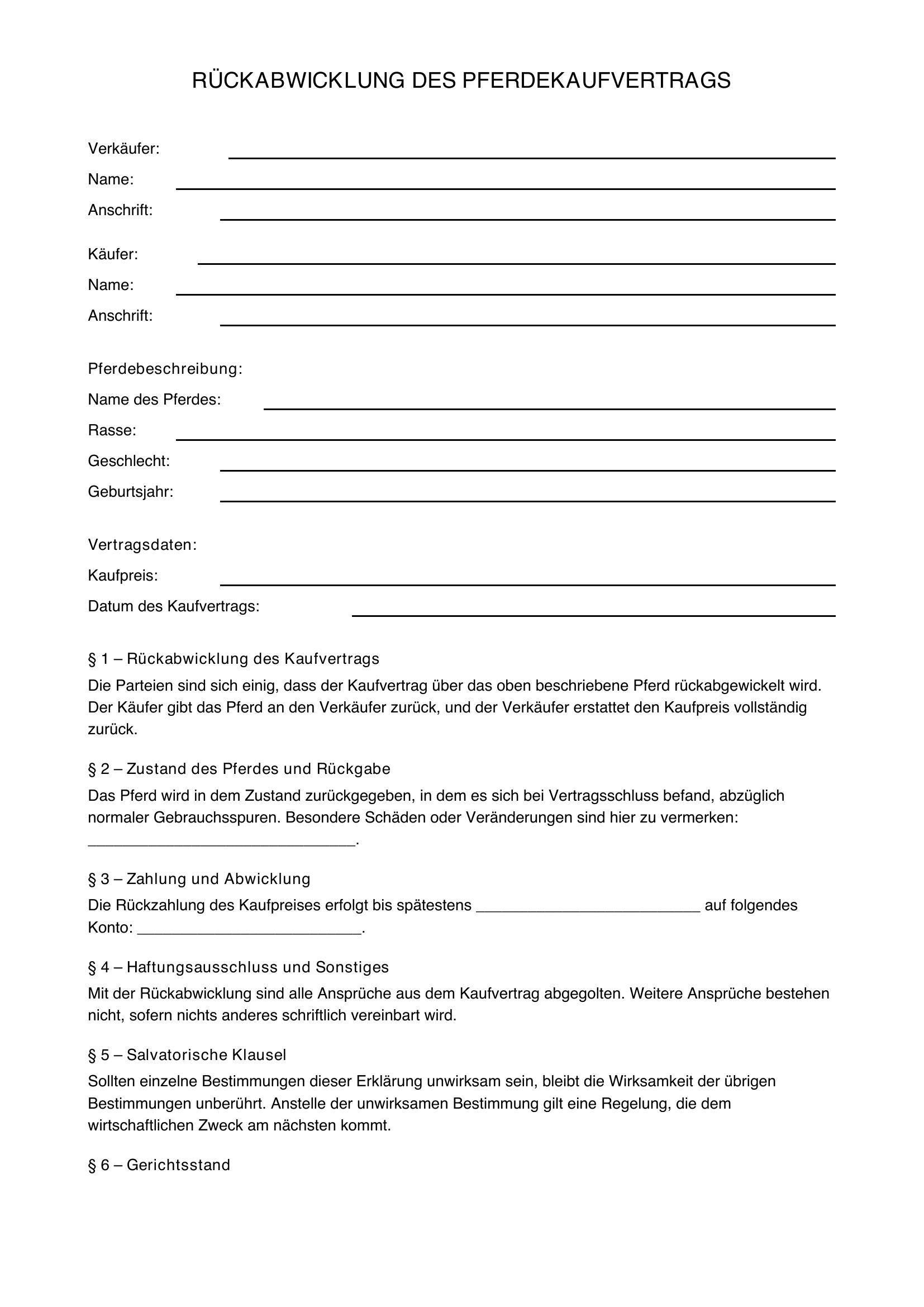 Rückabwicklung Pferdekaufvertrag Muster