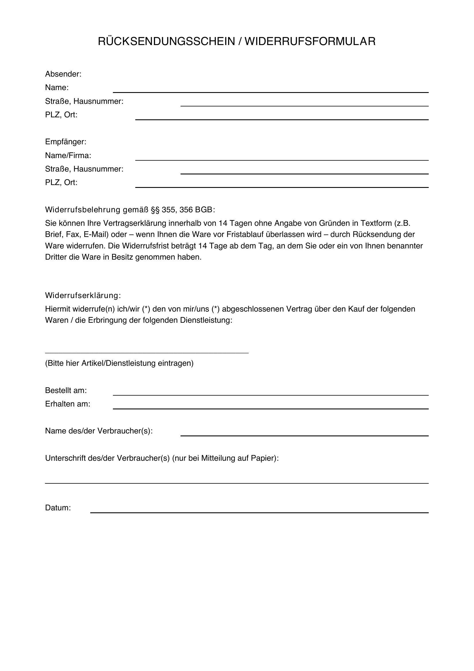 Rücksendeformular Vorlage