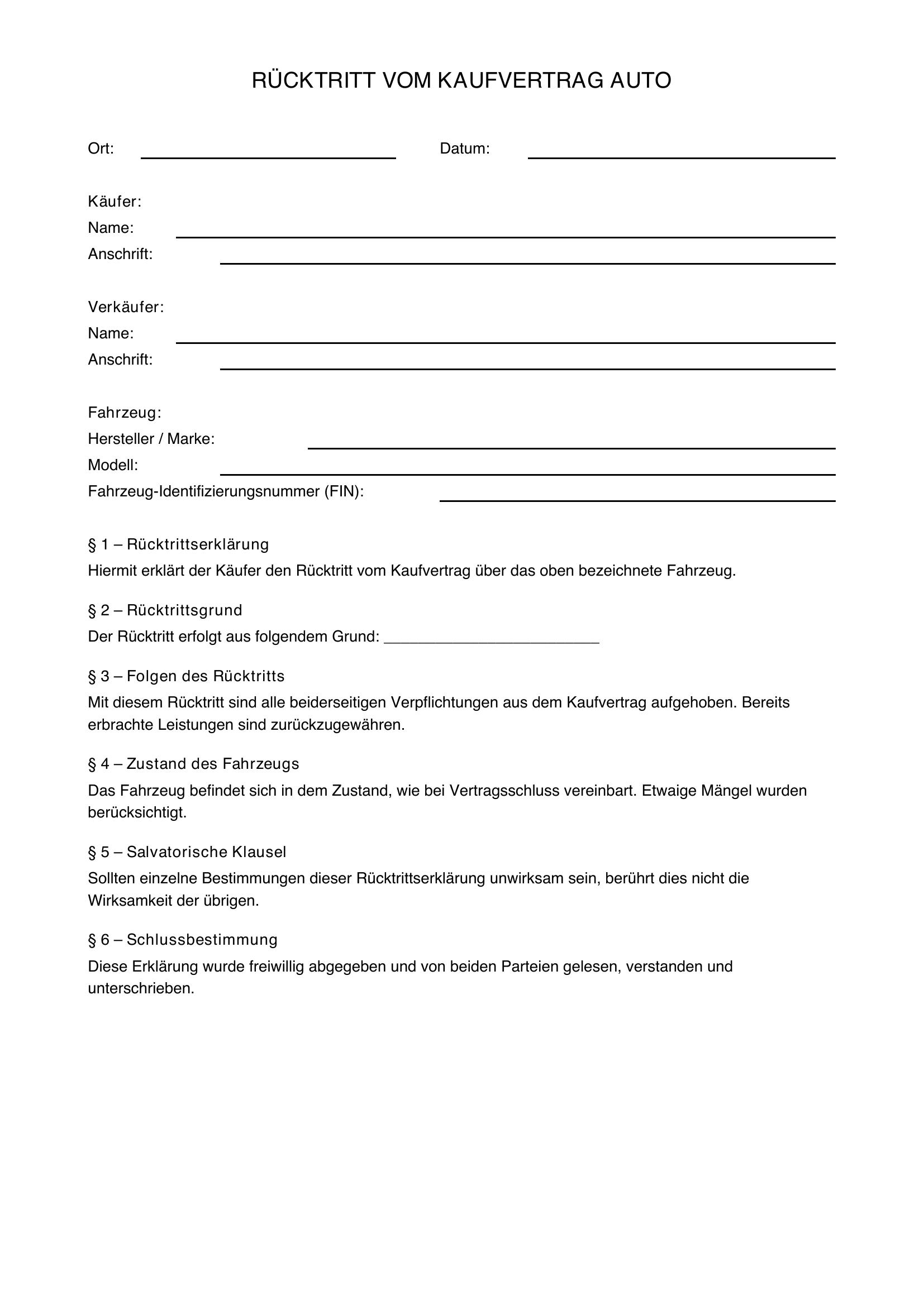 Rücktritt Vom Kaufvertrag Auto Muster