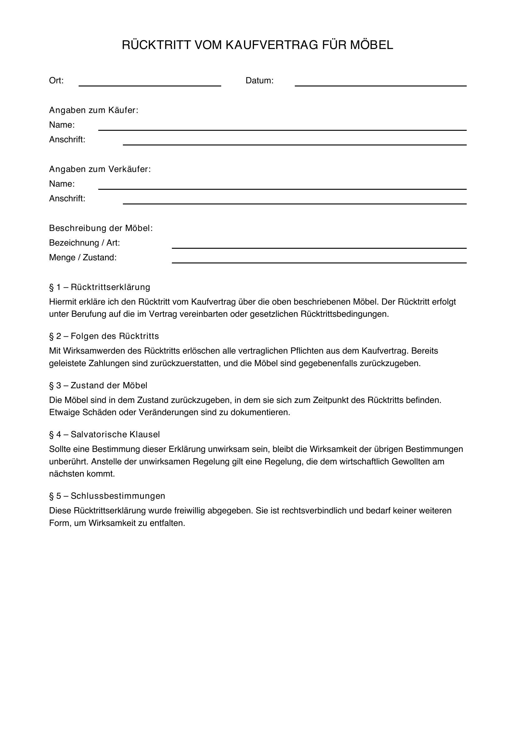 Rücktritt Vom Kaufvertrag Möbel Musterbrief