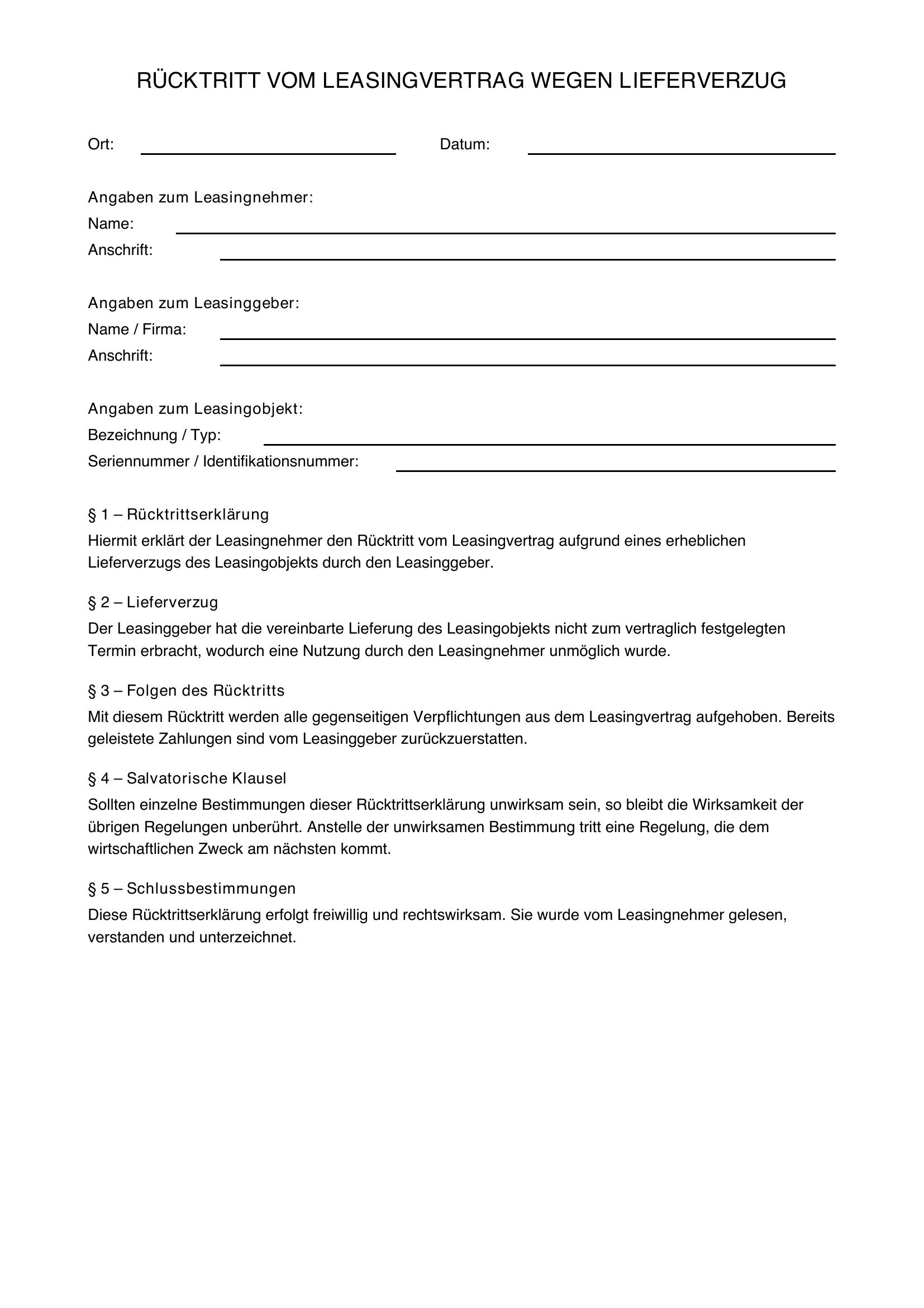 Rücktritt Vom Leasingvertrag Wegen Lieferverzug Muster
