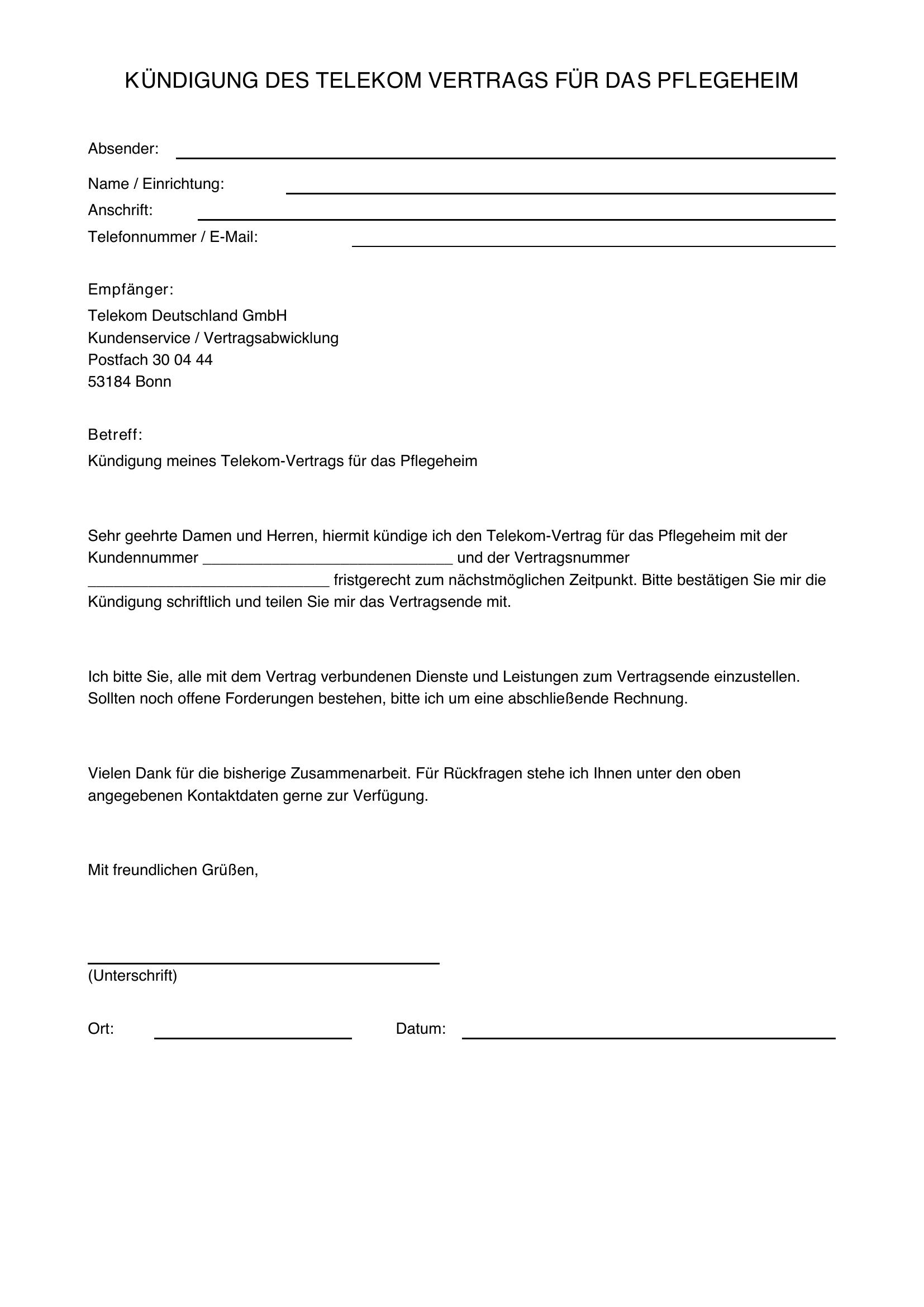 Telekom Kündigung Pflegeheim Vorlage