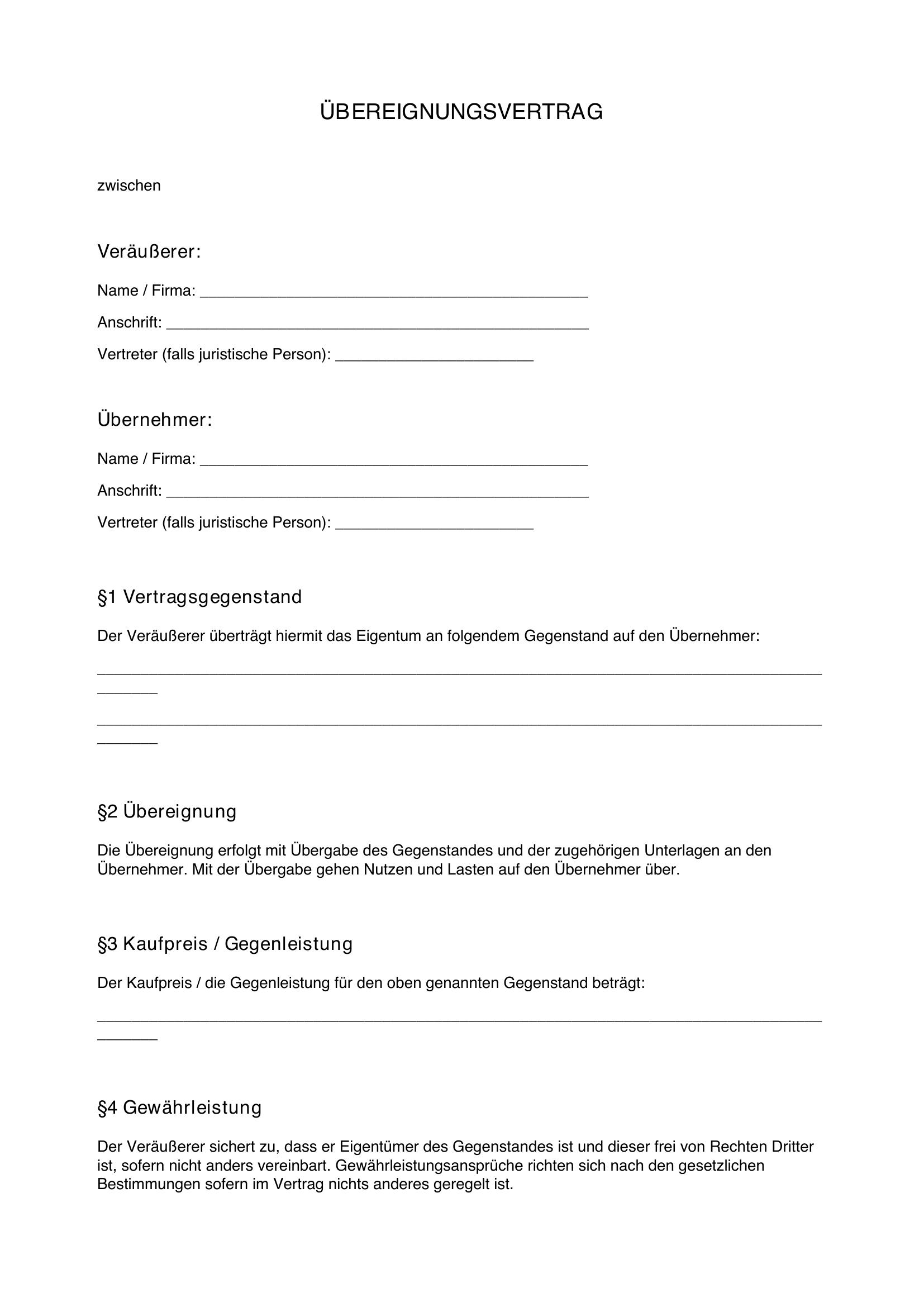 Übereignungsvertrag Vorlage