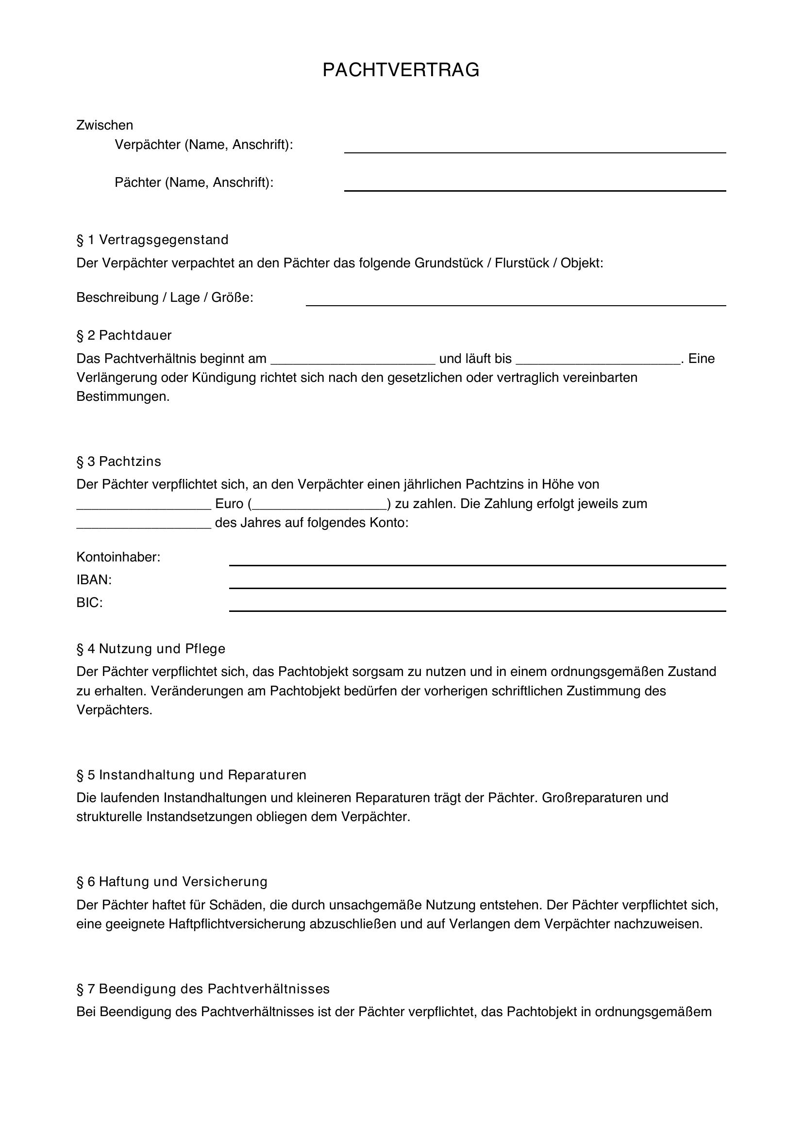Übernahme Pachtvertrag Muster