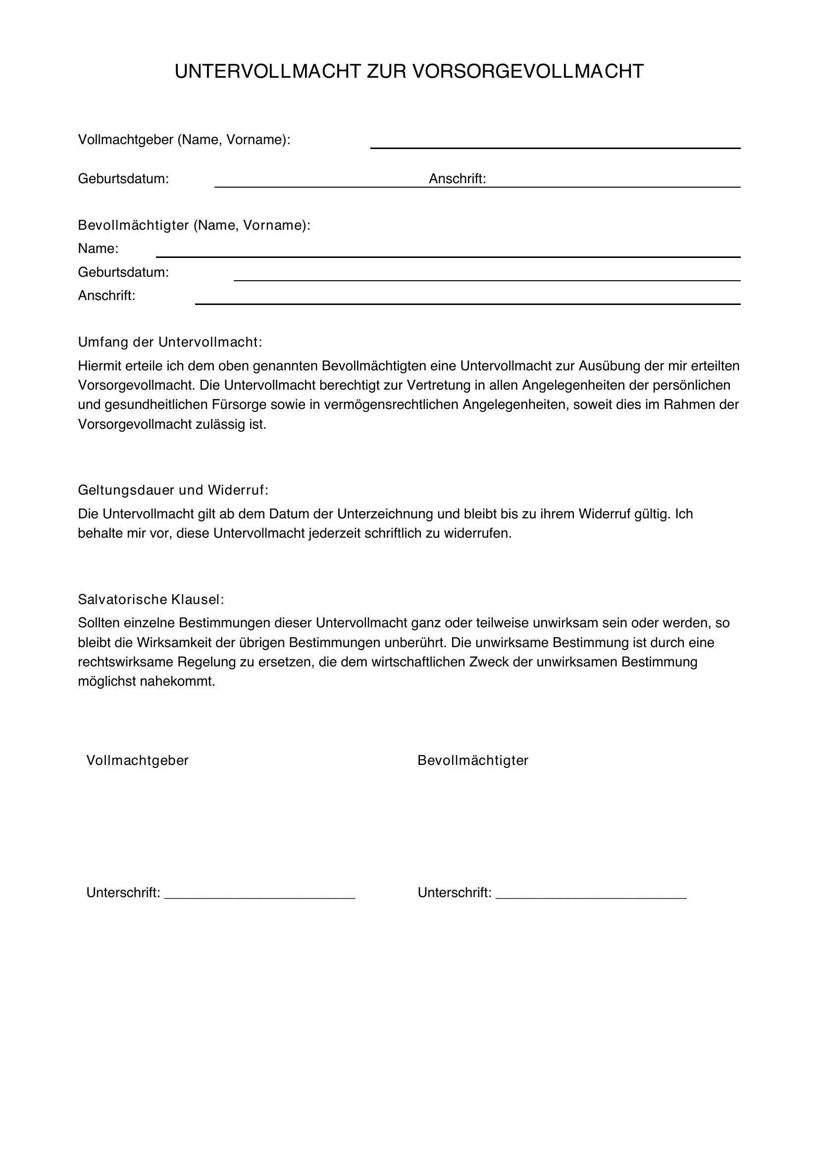 Untervollmacht Zur Vorsorgevollmacht Vorlage