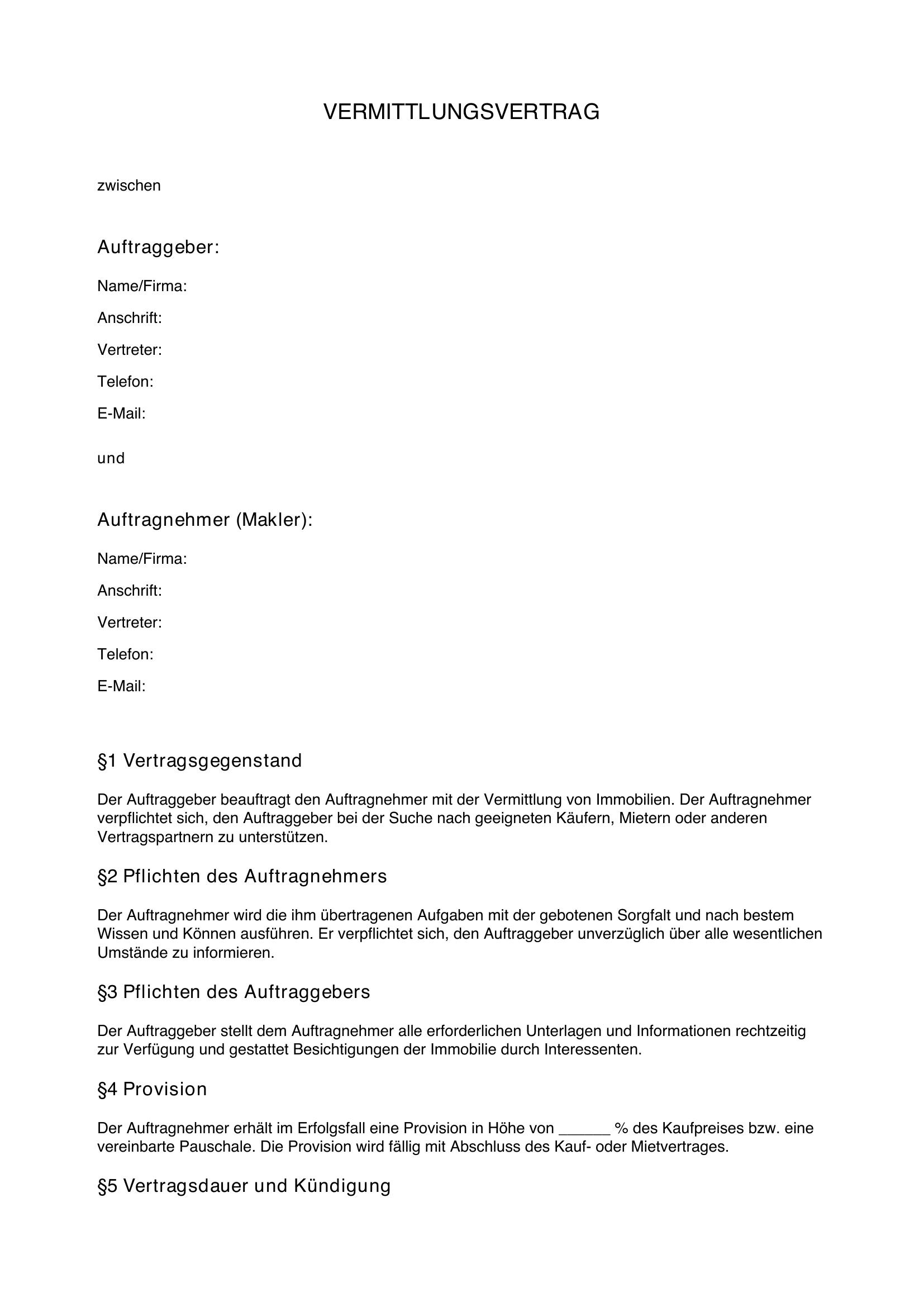 Vermittlungsvertrag Muster