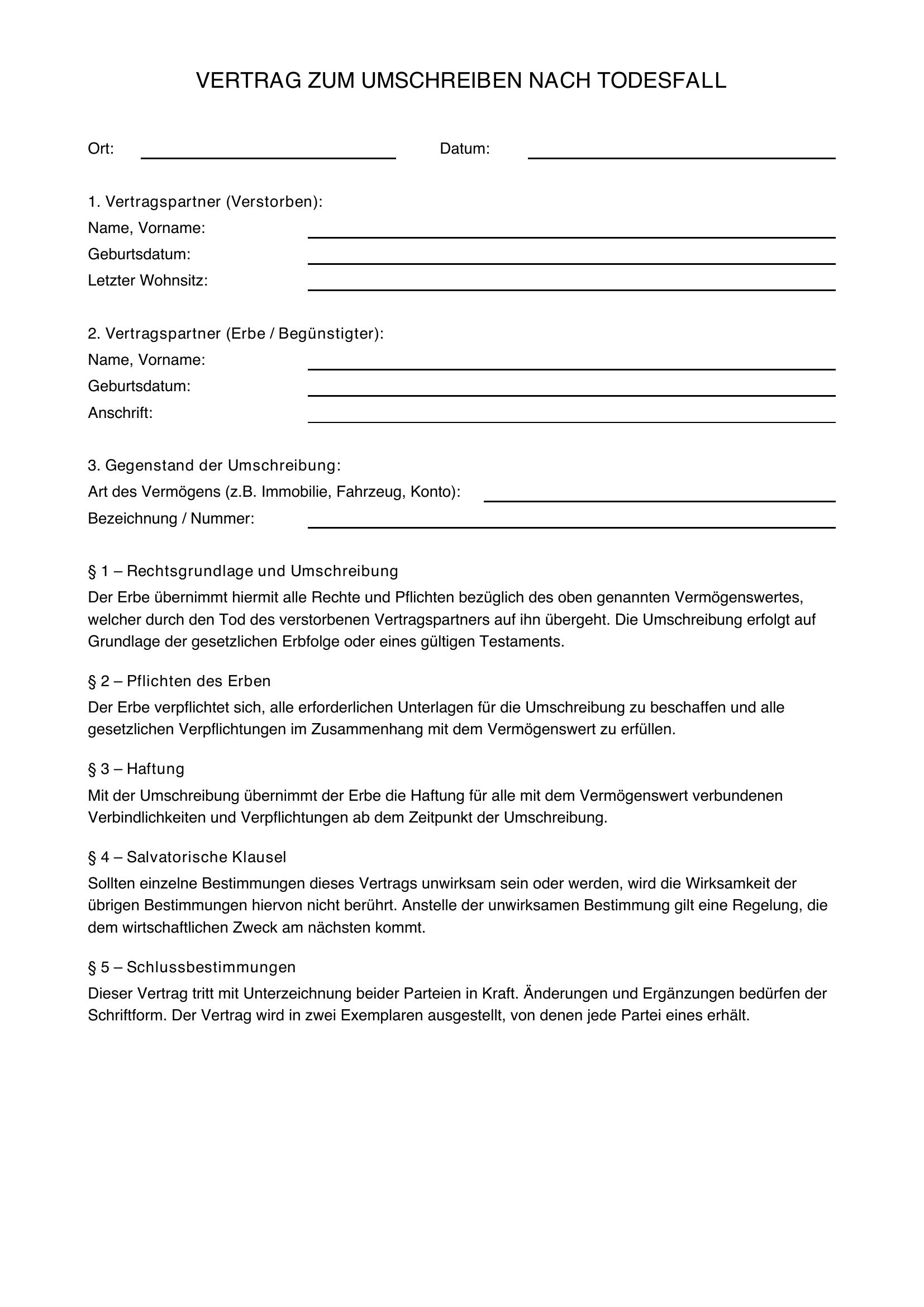 Vertrag Umschreiben Todesfall Muster
